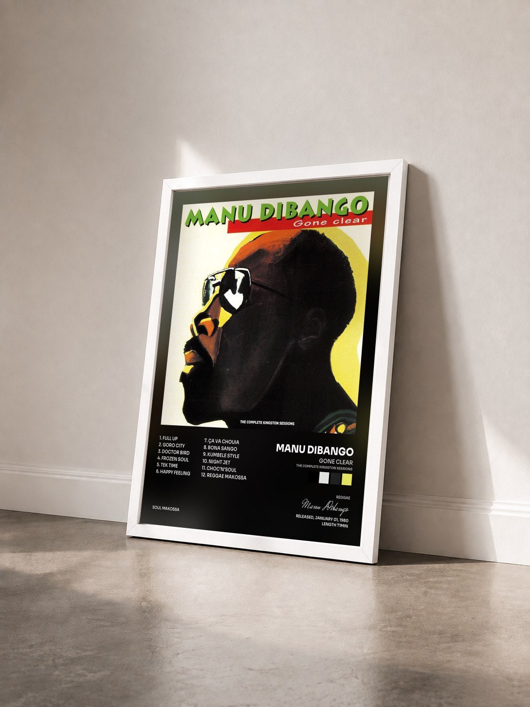 #blanc Tableau de l'album Gone Clear (The Complete Kingston Sessions) de Manu Dibango vu de trois quarts, cadre blanc