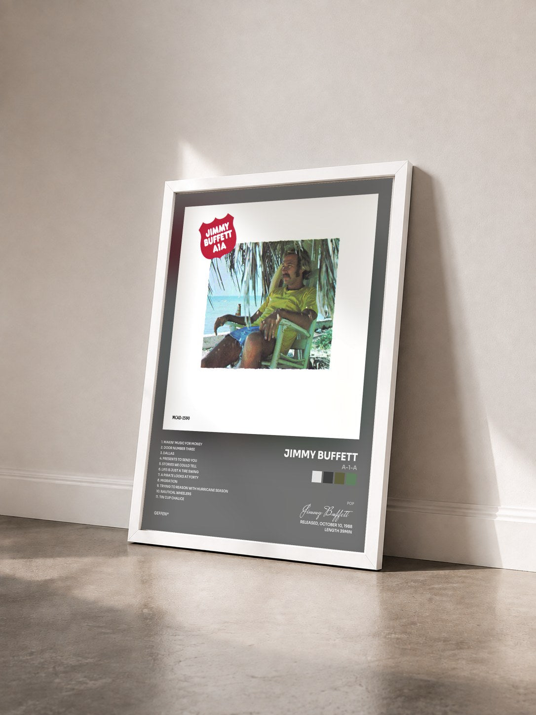 #blanc Tableau de l'album A-1-A de Jimmy Buffett vu de trois quarts, cadre blanc