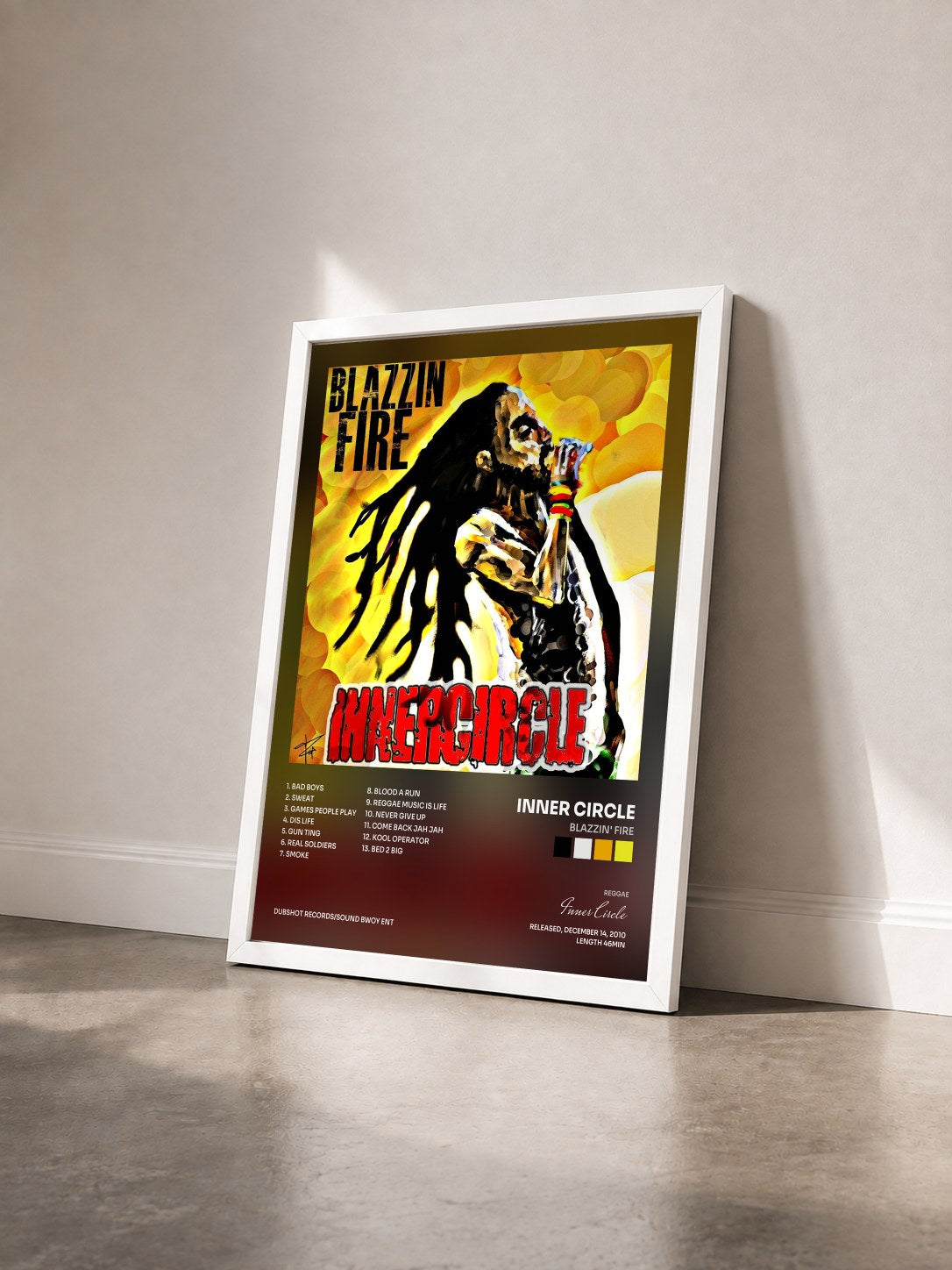 #blanc Tableau de l'album Blazzin' Fire de Inner Circle vu de trois quarts, cadre blanc