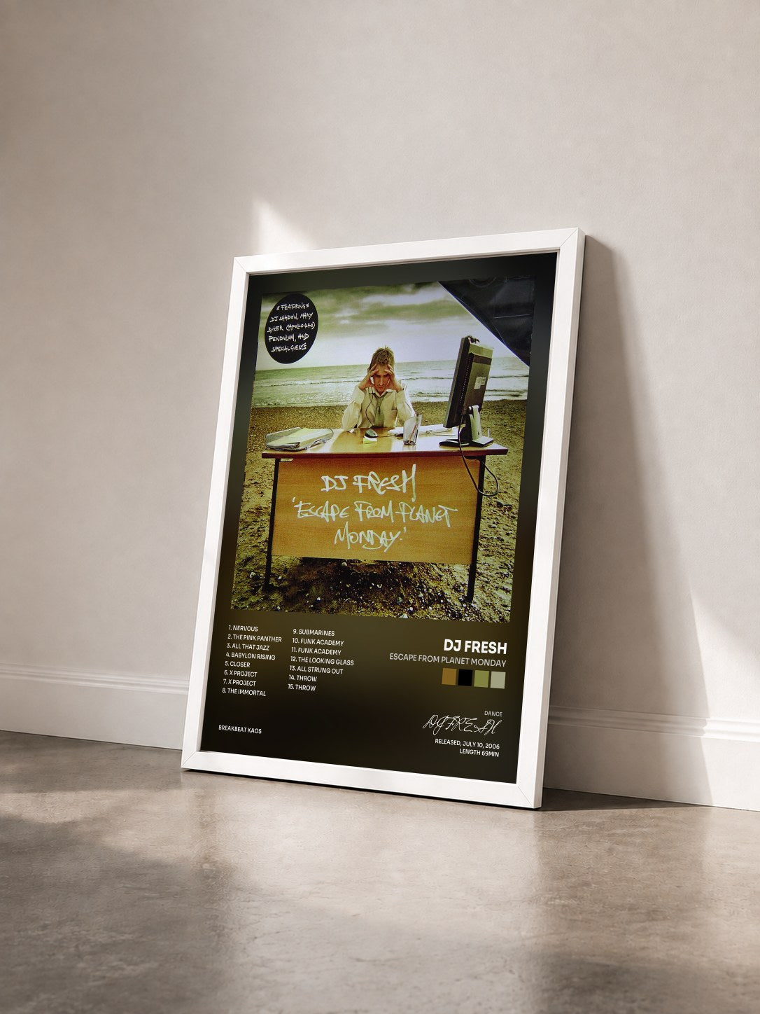 #blanc Tableau de l'album Escape From Planet Monday de DJ FRESH vu de trois quarts, cadre blanc