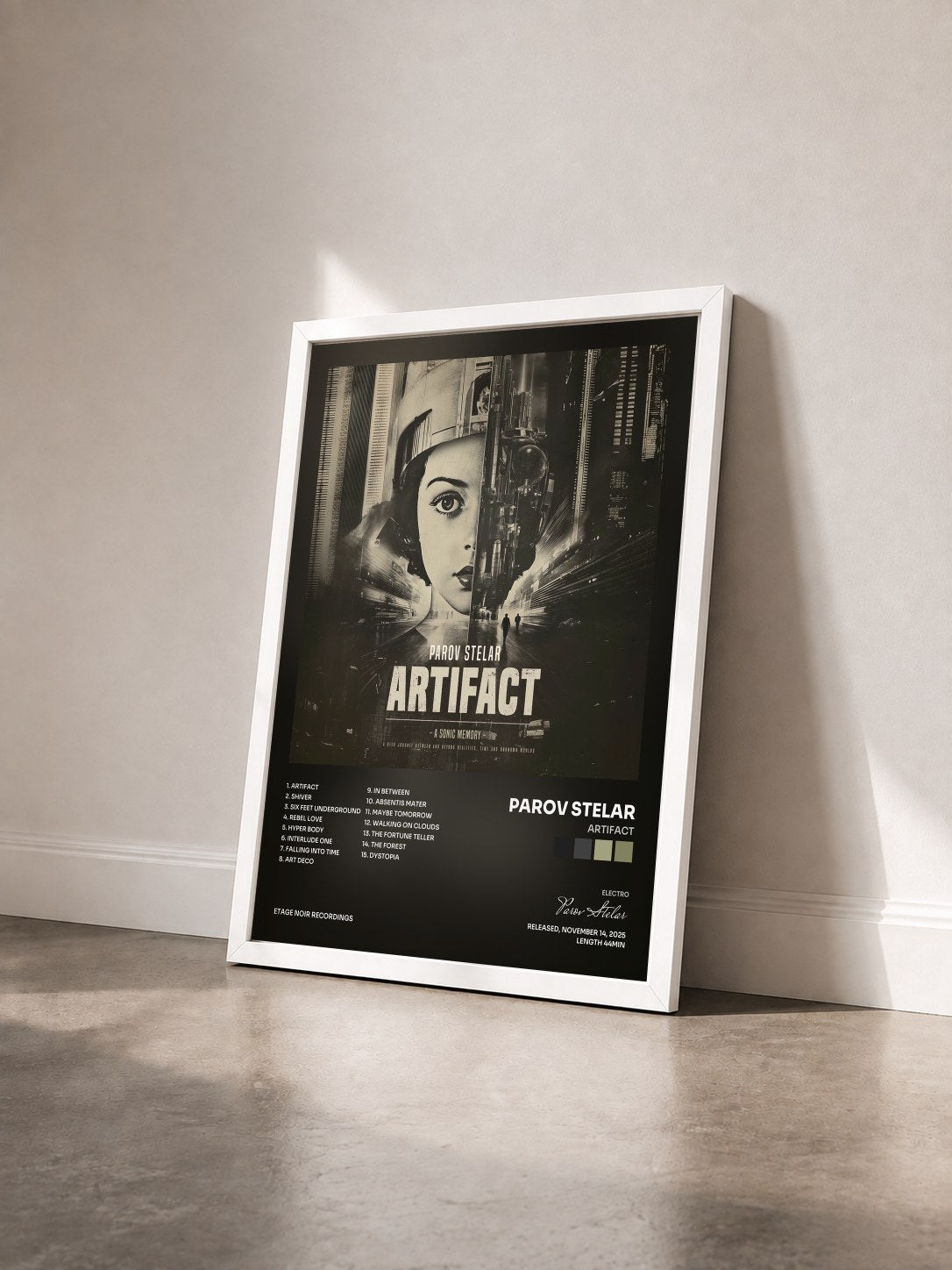 #blanc Tableau de l'album Artifact de Parov Stelar vu de trois quarts, cadre blanc
