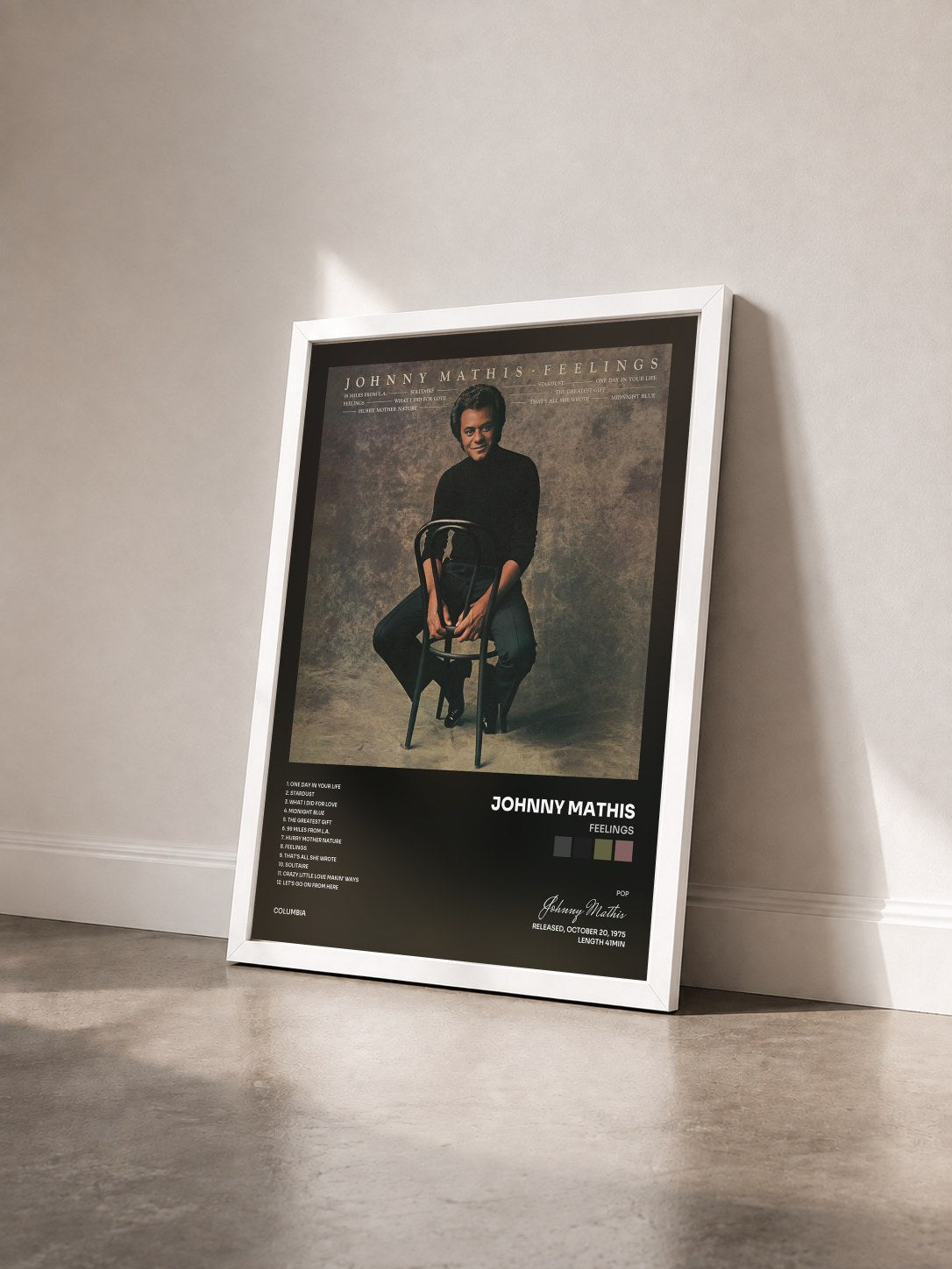 #blanc Tableau de l'album Feelings de Johnny Mathis vu de trois quarts, cadre blanc