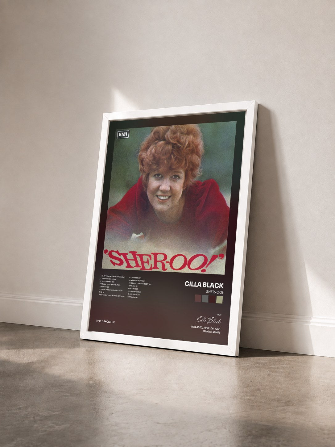 #blanc Tableau de l'album Sher-oo! de Cilla Black vu de trois quarts, cadre blanc