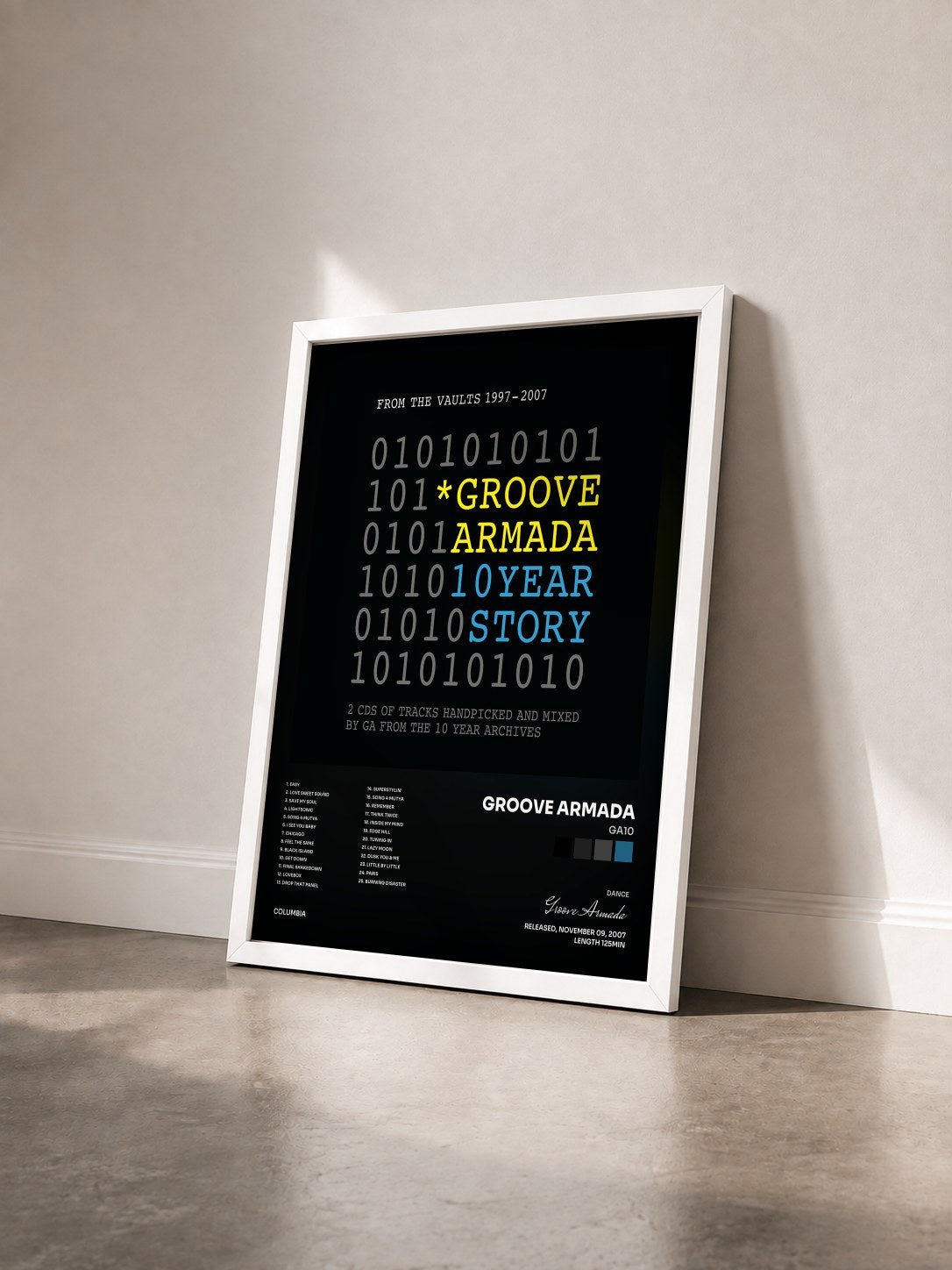 #blanc Tableau de l'album GA10 de Groove Armada vu de trois quarts, cadre blanc