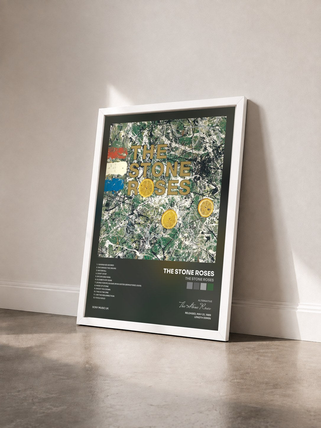 #blanc Tableau de l'album The Stone Roses de The Stone Roses vu de trois quarts, cadre blanc