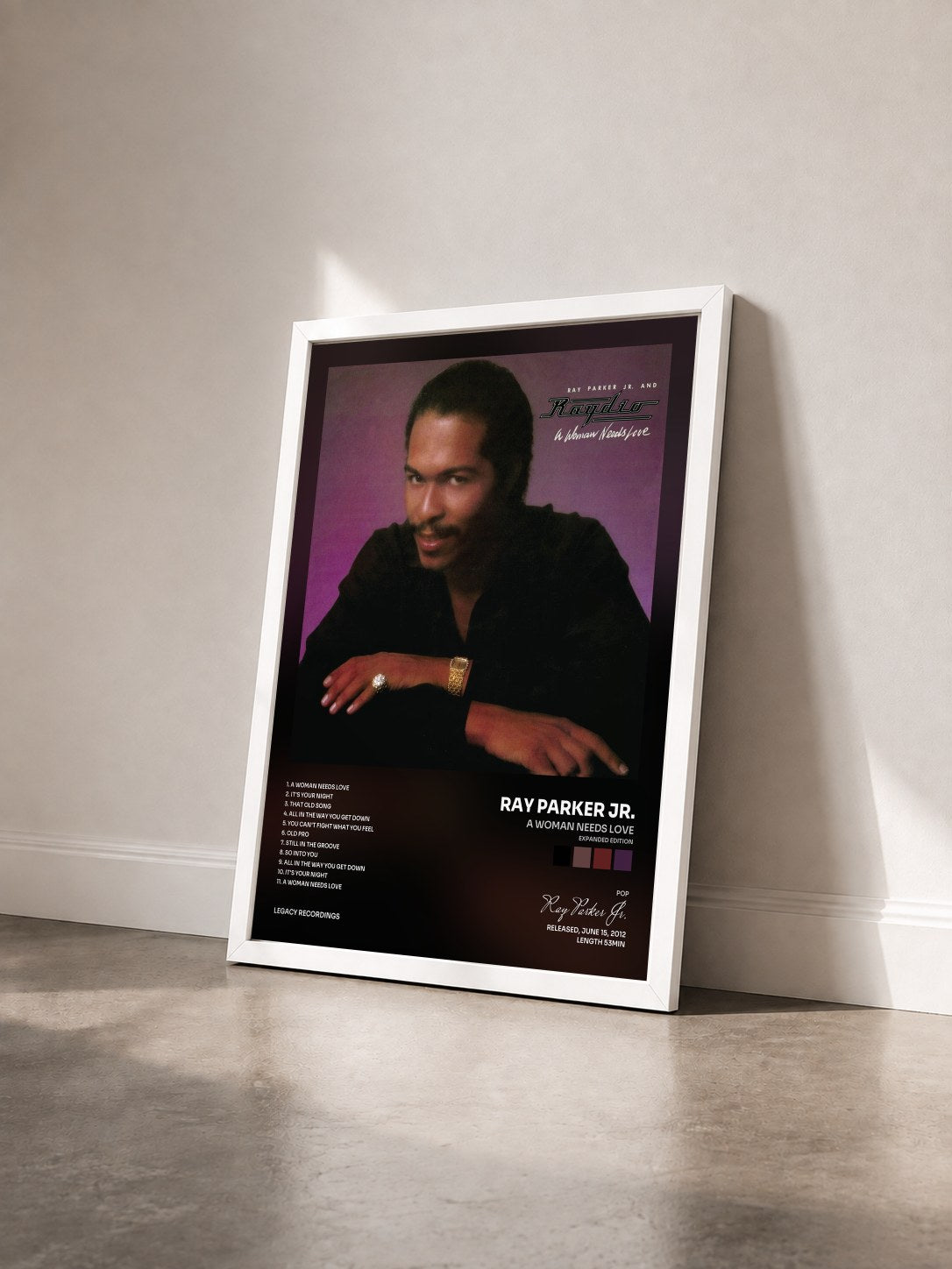 #blanc Tableau de l'album A Woman Needs Love (Expanded Edition) de Ray Parker Jr. vu de trois quarts, cadre blanc