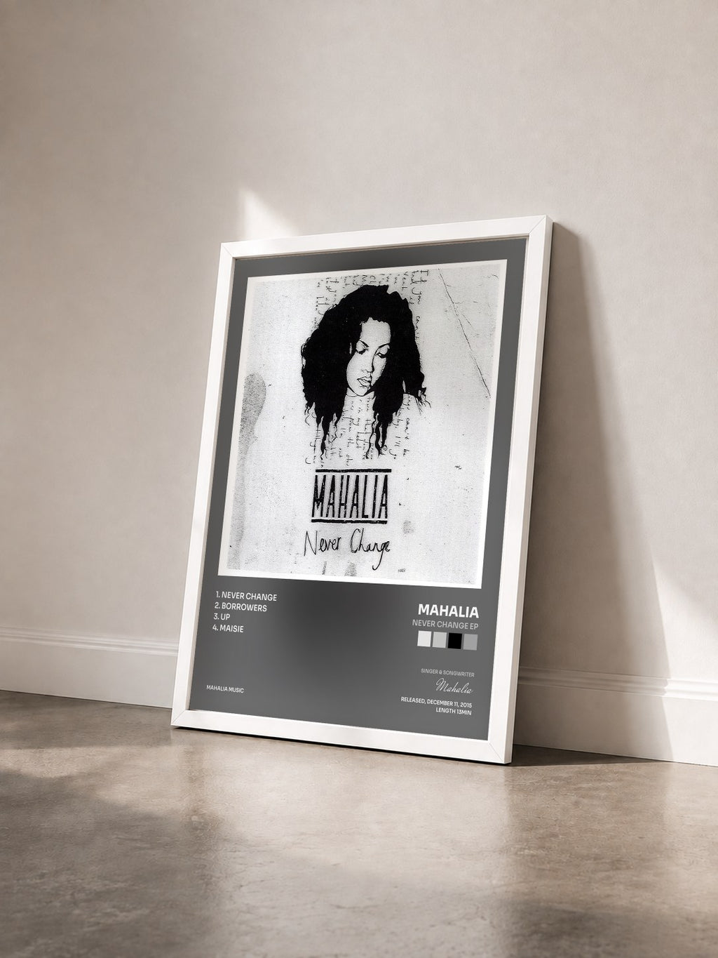#blanc Tableau de l'album Never Change EP de Mahalia vu de trois quarts, cadre blanc