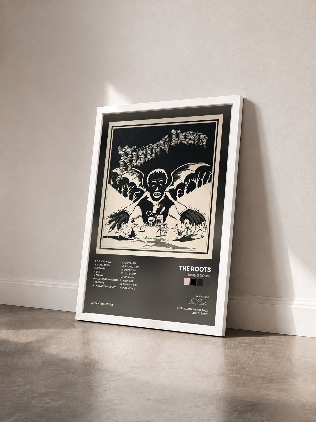 #blanc Tableau de l'album Rising Down de The Roots vu de trois quarts, cadre blanc