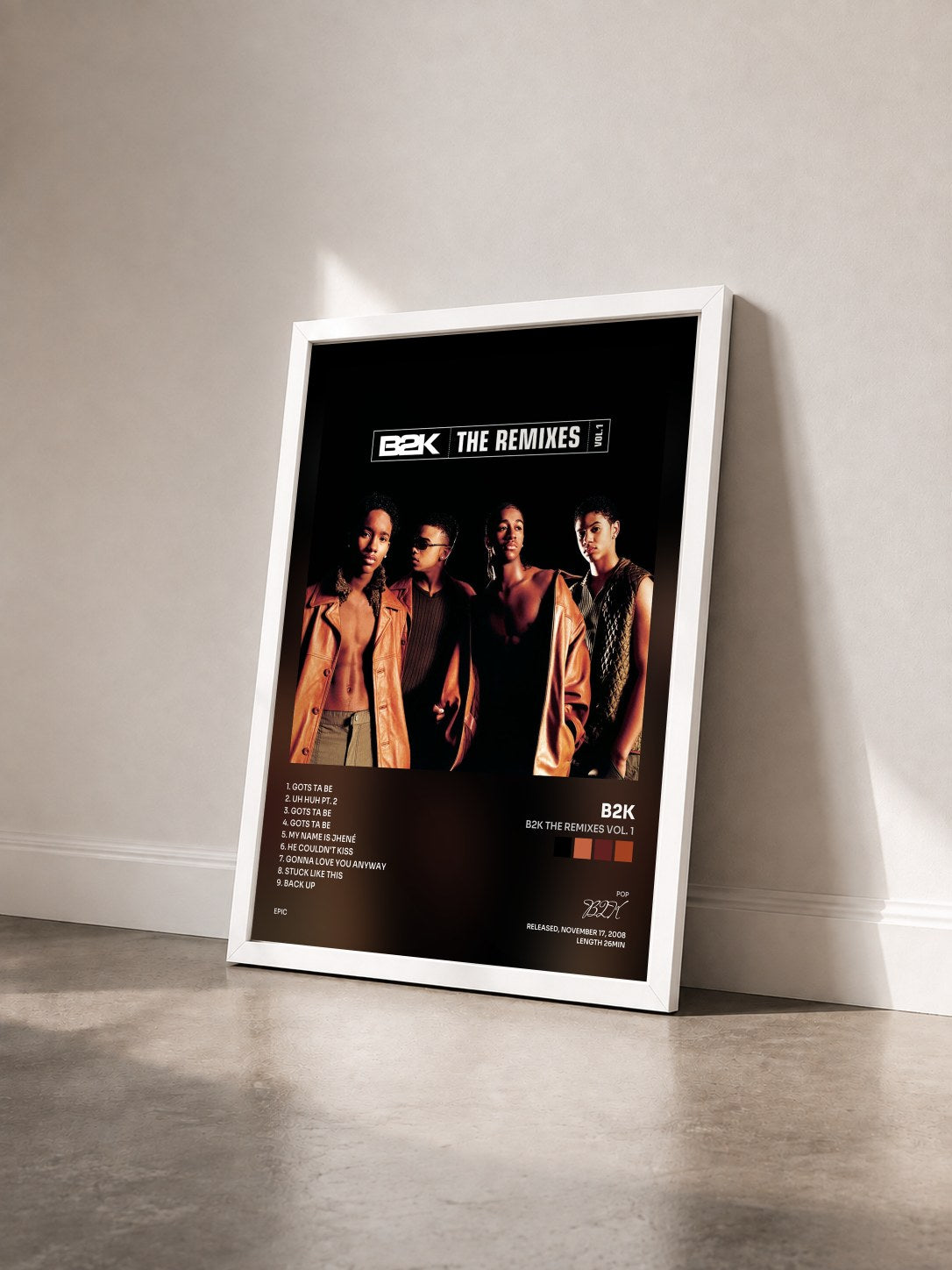 #blanc Tableau de l'album B2K The Remixes Vol. 1 de B2K vu de trois quarts, cadre blanc