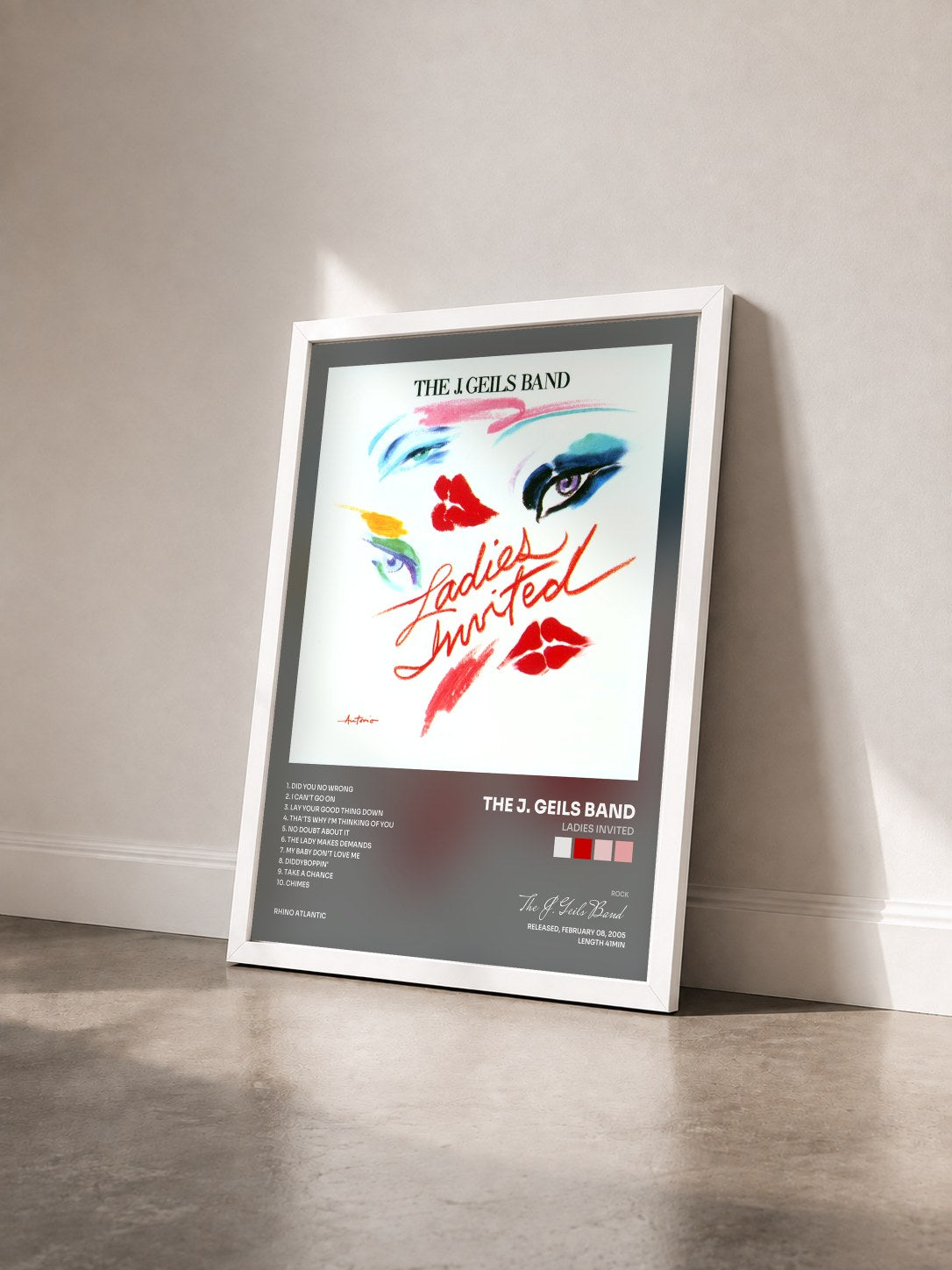 #blanc Tableau de l'album Ladies Invited de The J. Geils Band vu de trois quarts, cadre blanc