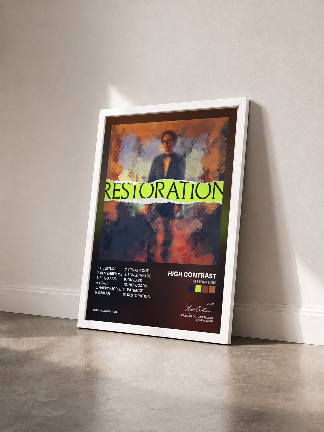 #blanc Tableau de l'album Restoration de High Contrast vu de trois quarts, cadre blanc
