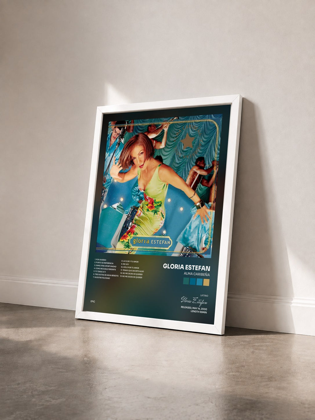 #blanc Tableau de l'album Alma Caribeña de Gloria Estefan vu de trois quarts, cadre blanc