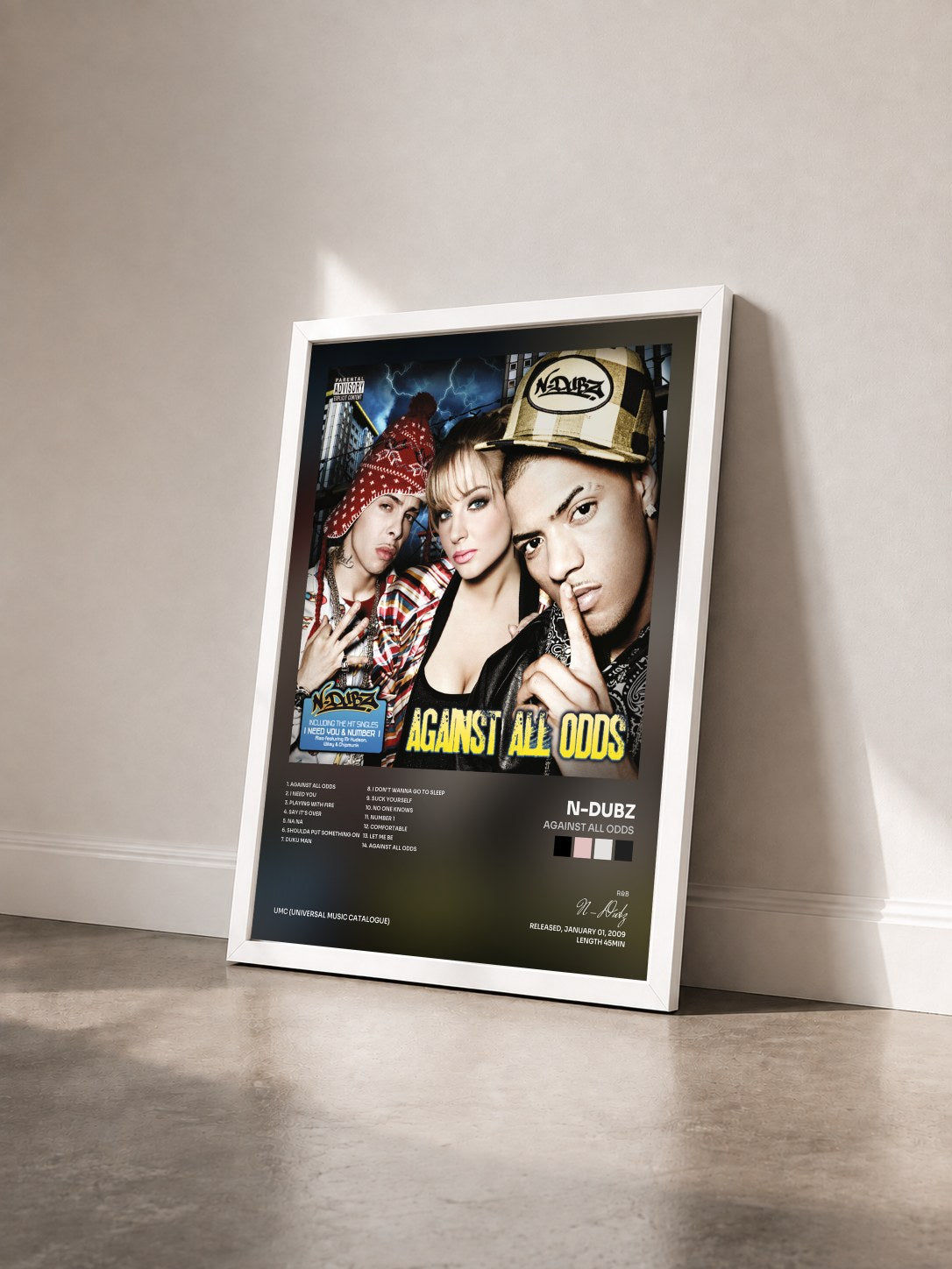 #blanc Tableau de l'album Against All Odds de N-Dubz vu de trois quarts, cadre blanc