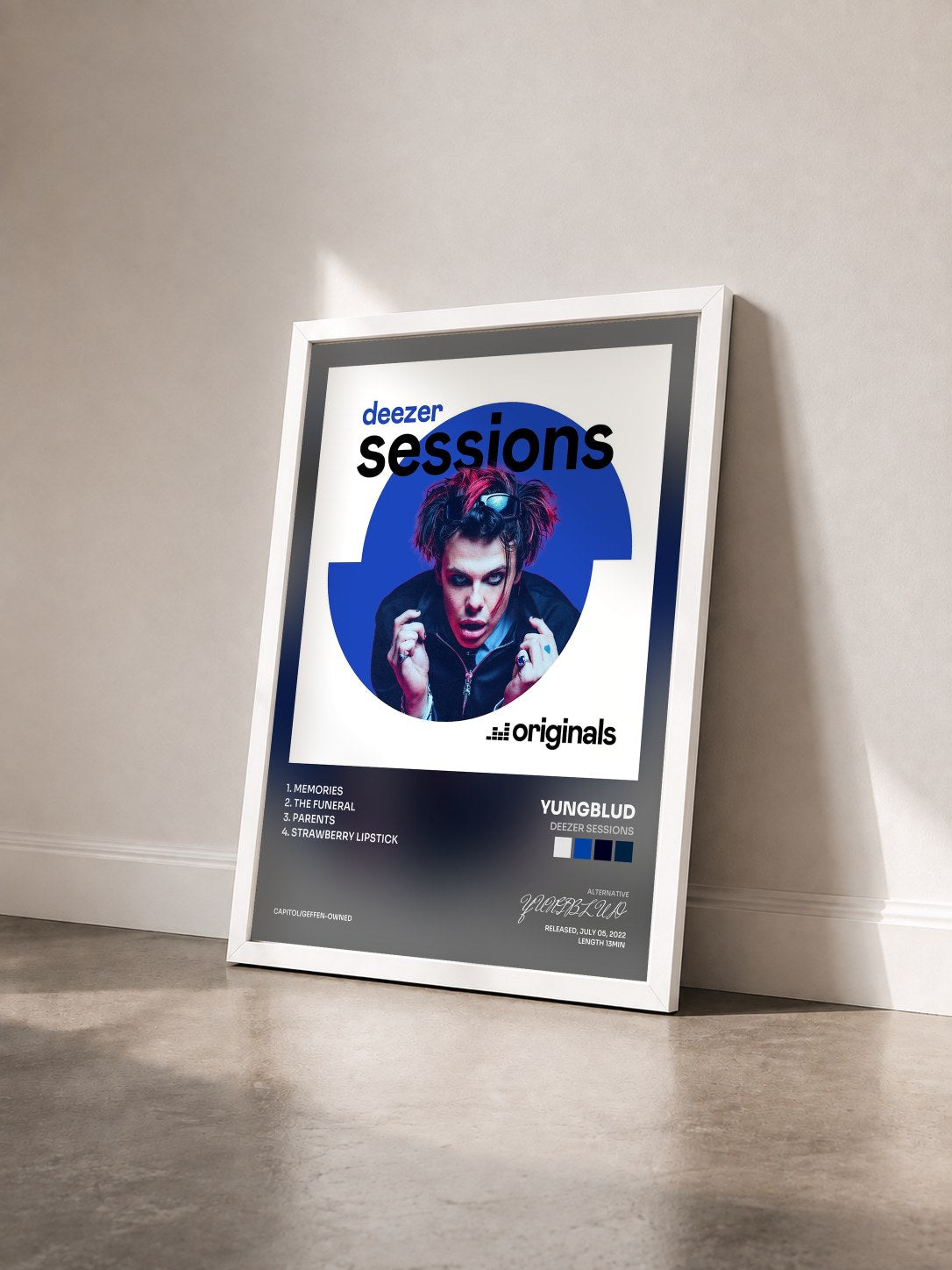 #blanc Tableau de l'album Deezer Sessions de YUNGBLUD vu de trois quarts, cadre blanc
