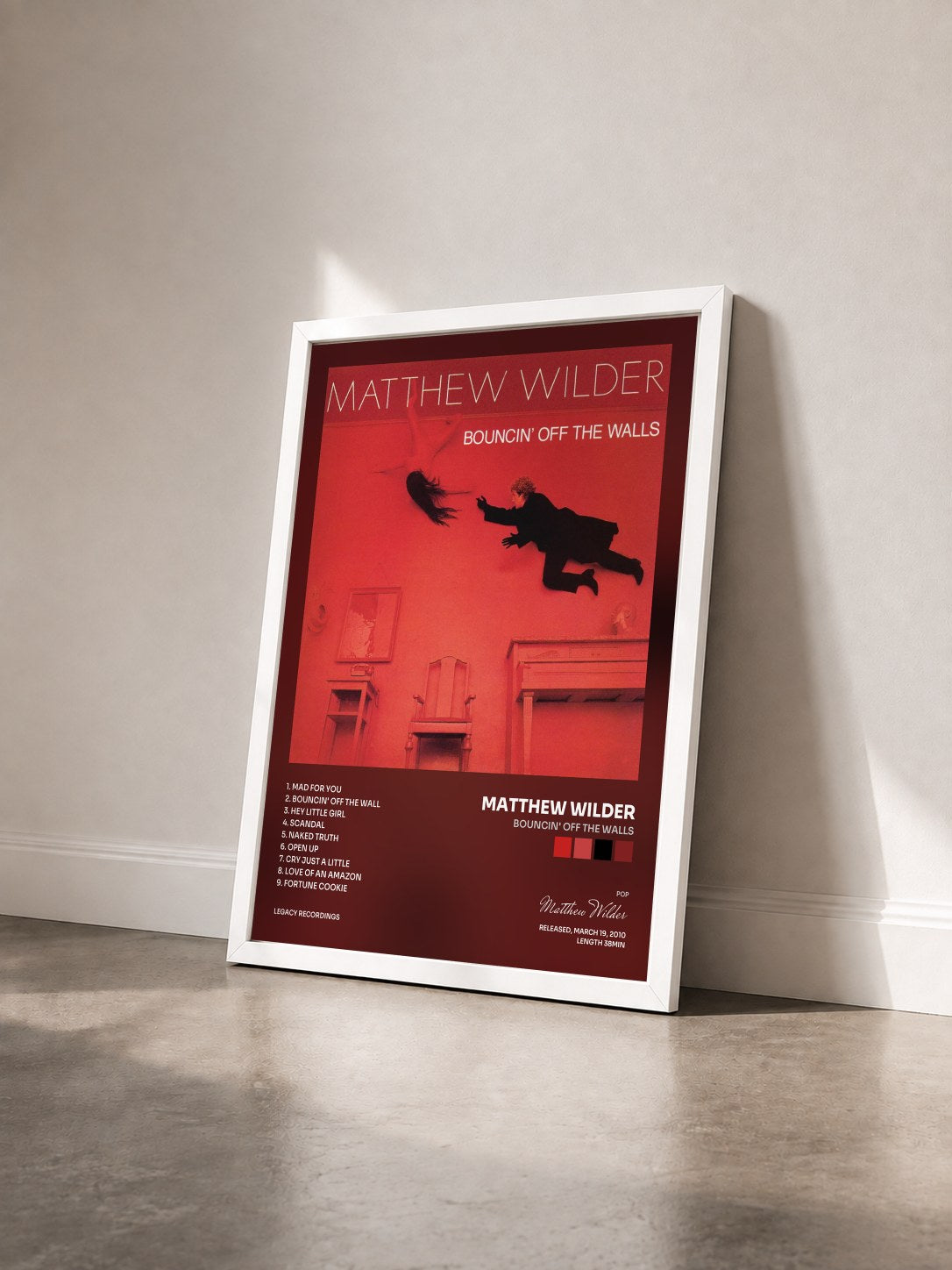 #blanc Tableau de l'album Bouncin' Off The Walls de Matthew Wilder vu de trois quarts, cadre blanc