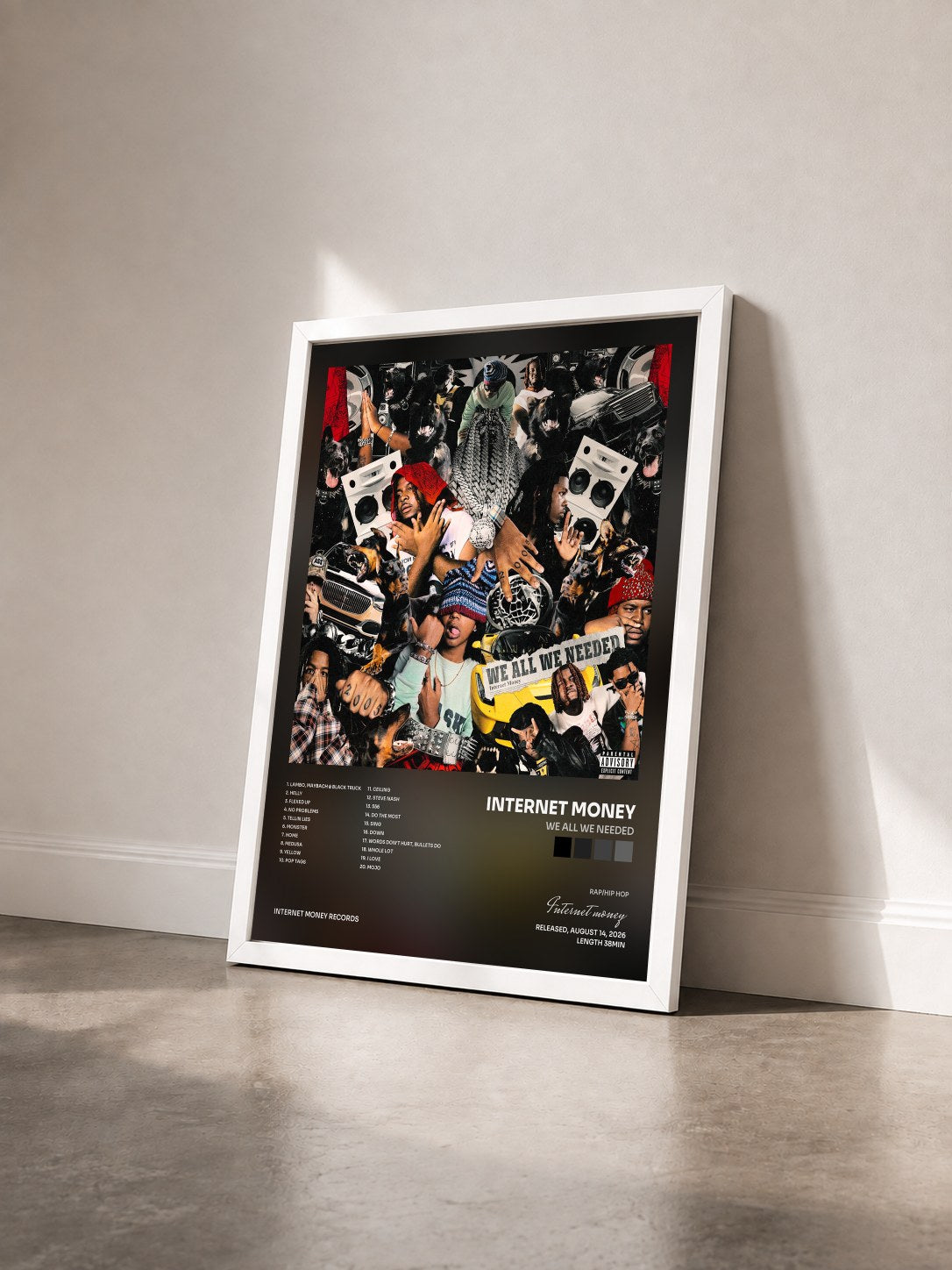 #blanc Tableau de l'album WE ALL WE NEEDED de Internet money vu de trois quarts, cadre blanc