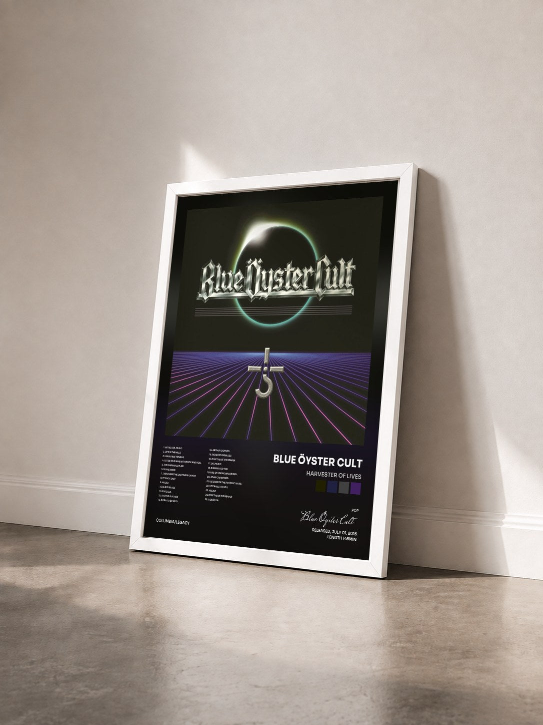 #blanc Tableau de l'album Harvester Of Lives de Blue Öyster Cult vu de trois quarts, cadre blanc