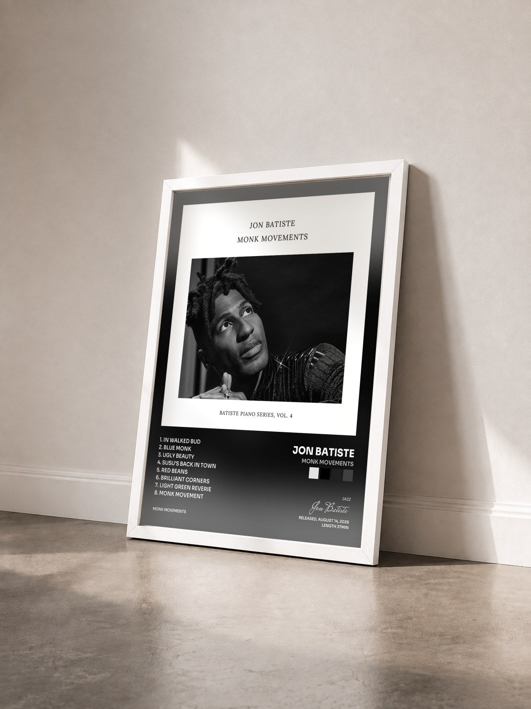 #blanc Tableau de l'album Monk Movements de Jon Batiste vu de trois quarts, cadre blanc