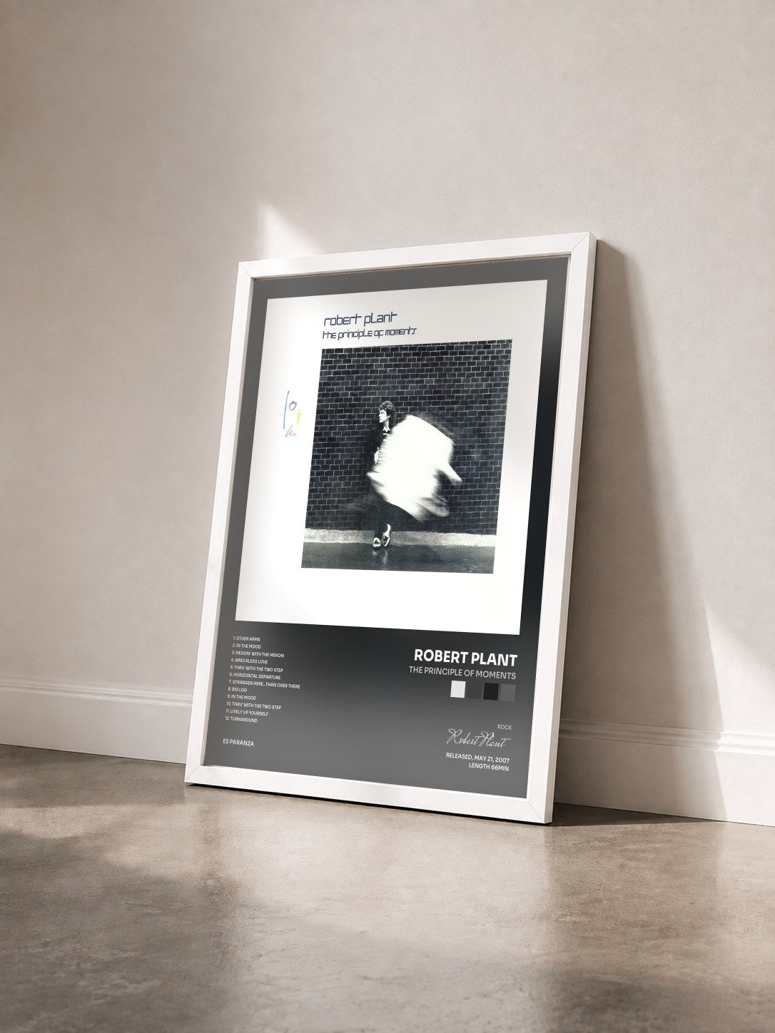 #blanc Tableau de l'album The Principle of Moments de Robert Plant vu de trois quarts, cadre blanc