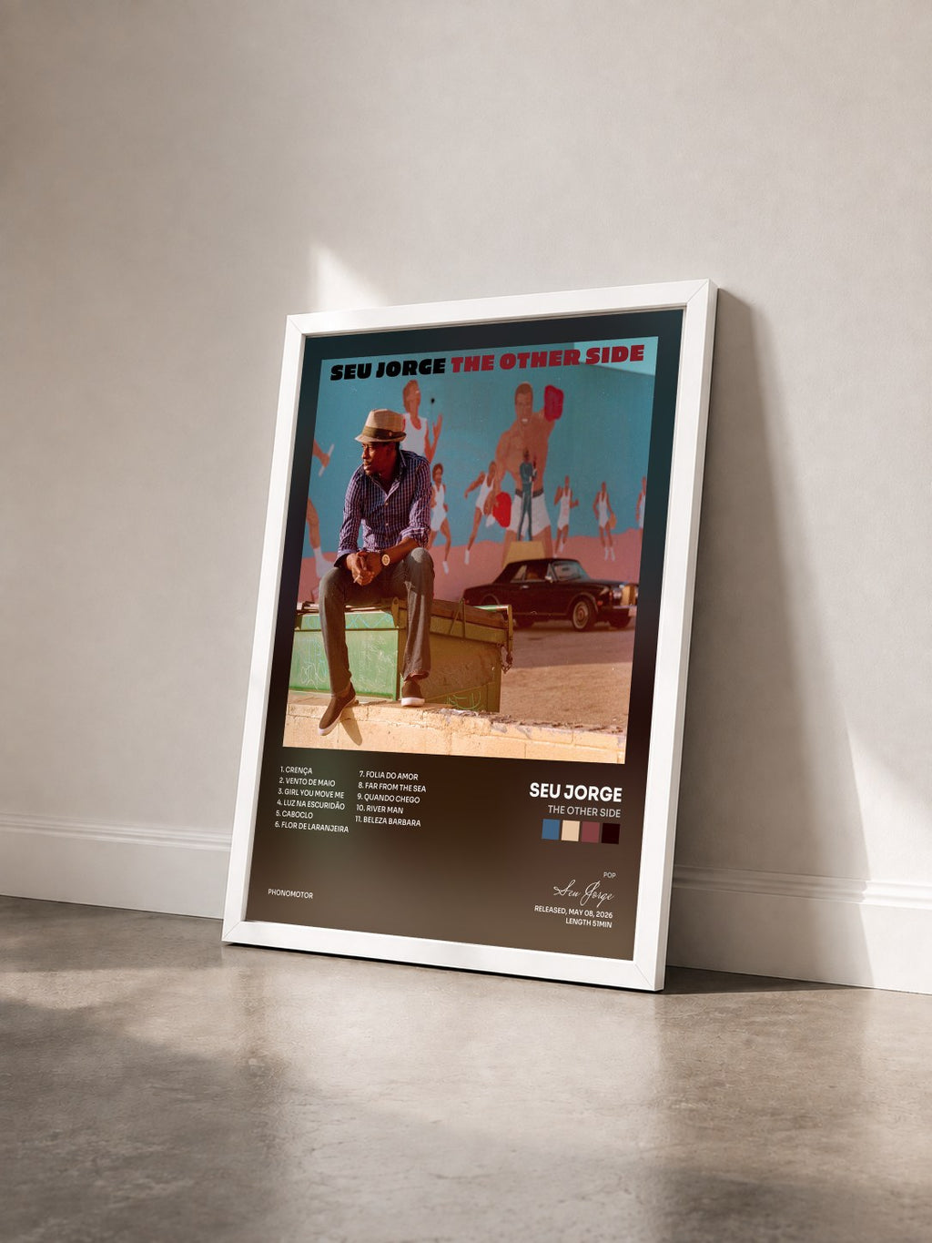 #blanc Tableau de l'album The Other Side de Seu Jorge vu de trois quarts, cadre blanc