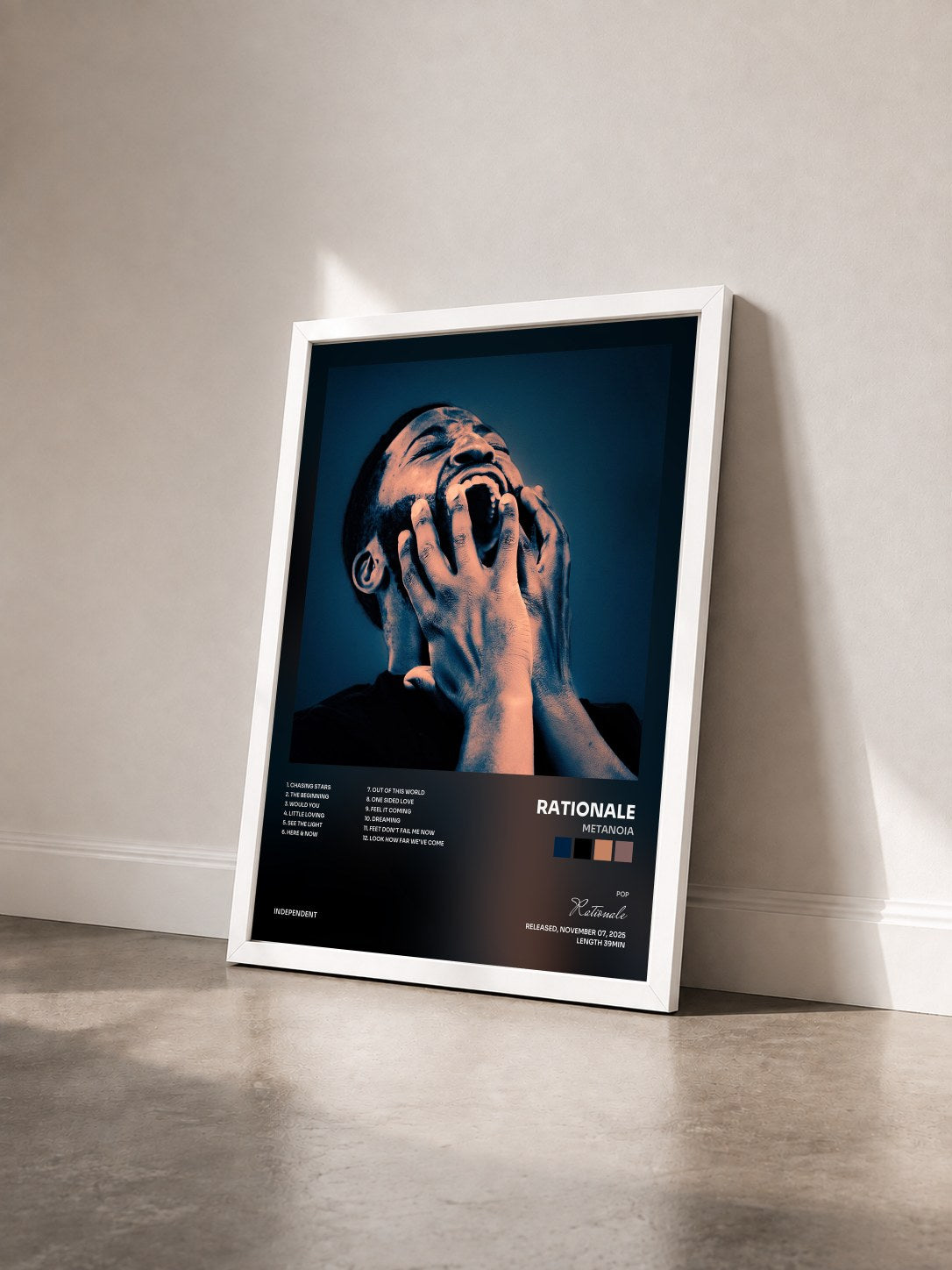 #blanc Tableau de l'album Metanoia de Rationale vu de trois quarts, cadre blanc