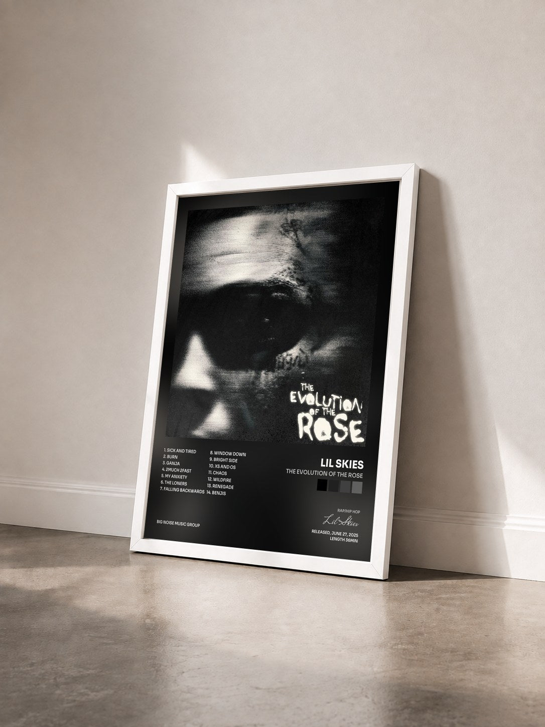 #blanc Tableau de l'album The Evolution of the Rose de Lil Skies vu de trois quarts, cadre blanc