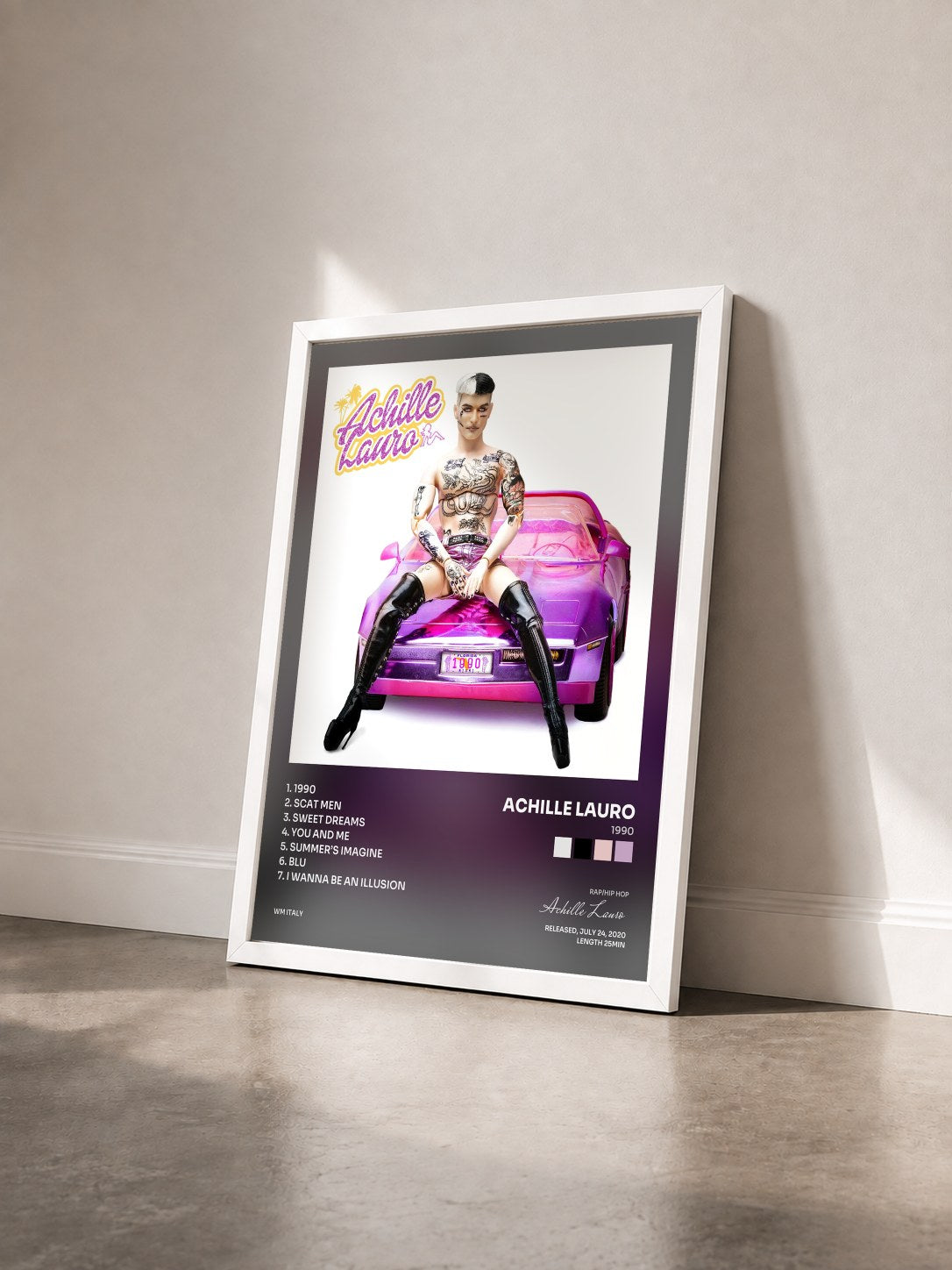 #blanc Tableau de l'album 1990 de Achille Lauro vu de trois quarts, cadre blanc