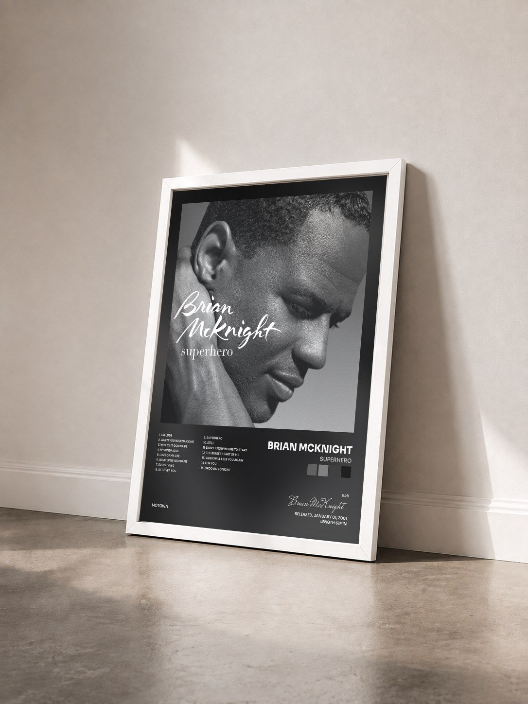 #blanc Tableau de l'album Superhero de Brian McKnight vu de trois quarts, cadre blanc