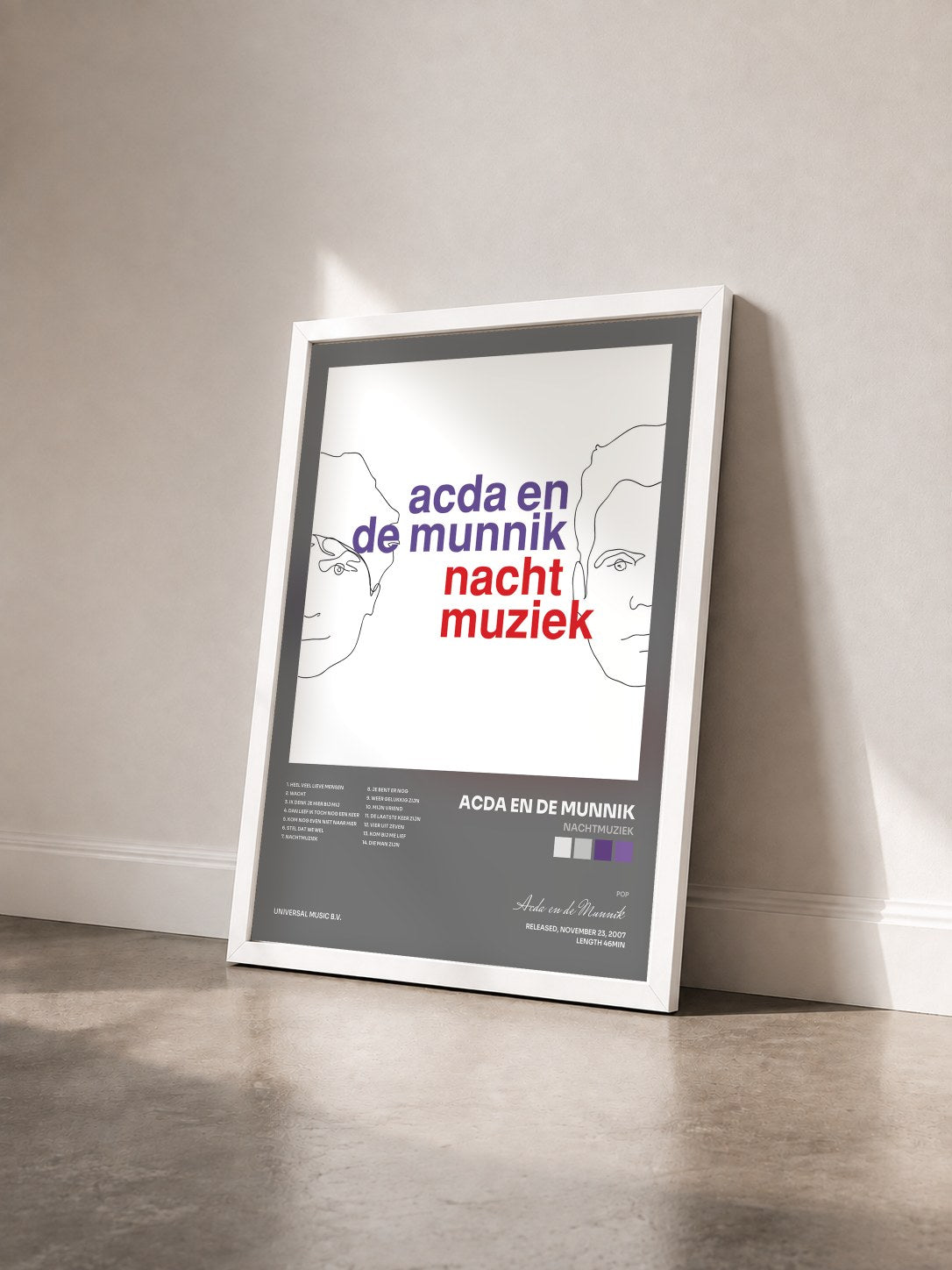 #blanc Tableau de l'album Nachtmuziek de Acda en de Munnik vu de trois quarts, cadre blanc