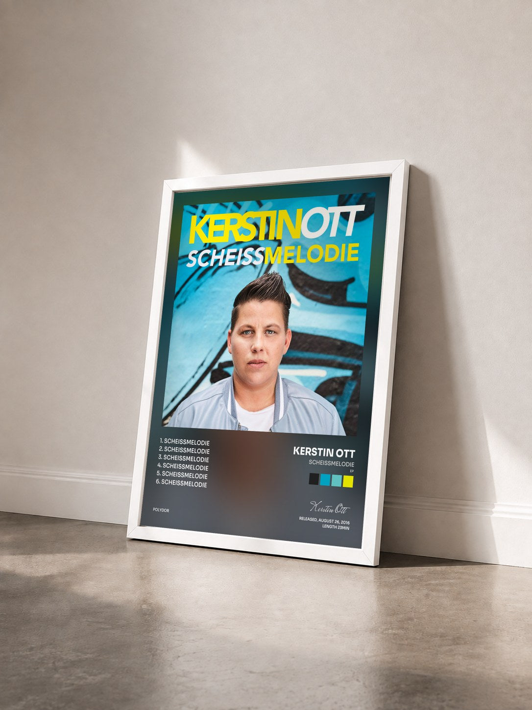 #blanc Tableau de l'album Scheissmelodie (EP) de Kerstin Ott vu de trois quarts, cadre blanc