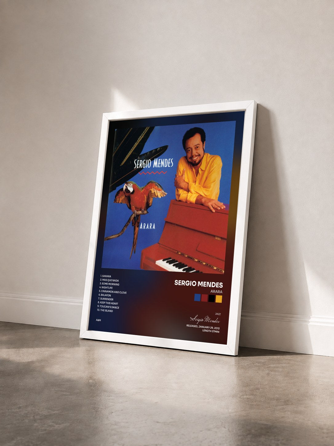 #blanc Tableau de l'album Arara de Sergio Mendes vu de trois quarts, cadre blanc