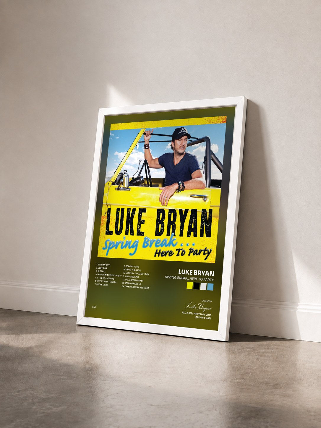 #blanc Tableau de l'album Spring Break...Here To Party de Luke Bryan vu de trois quarts, cadre blanc