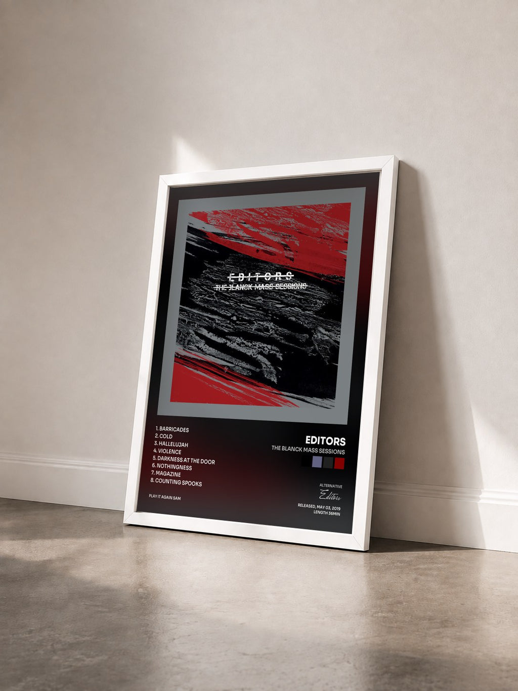 #blanc Tableau de l'album The Blanck Mass Sessions de Editors vu de trois quarts, cadre blanc