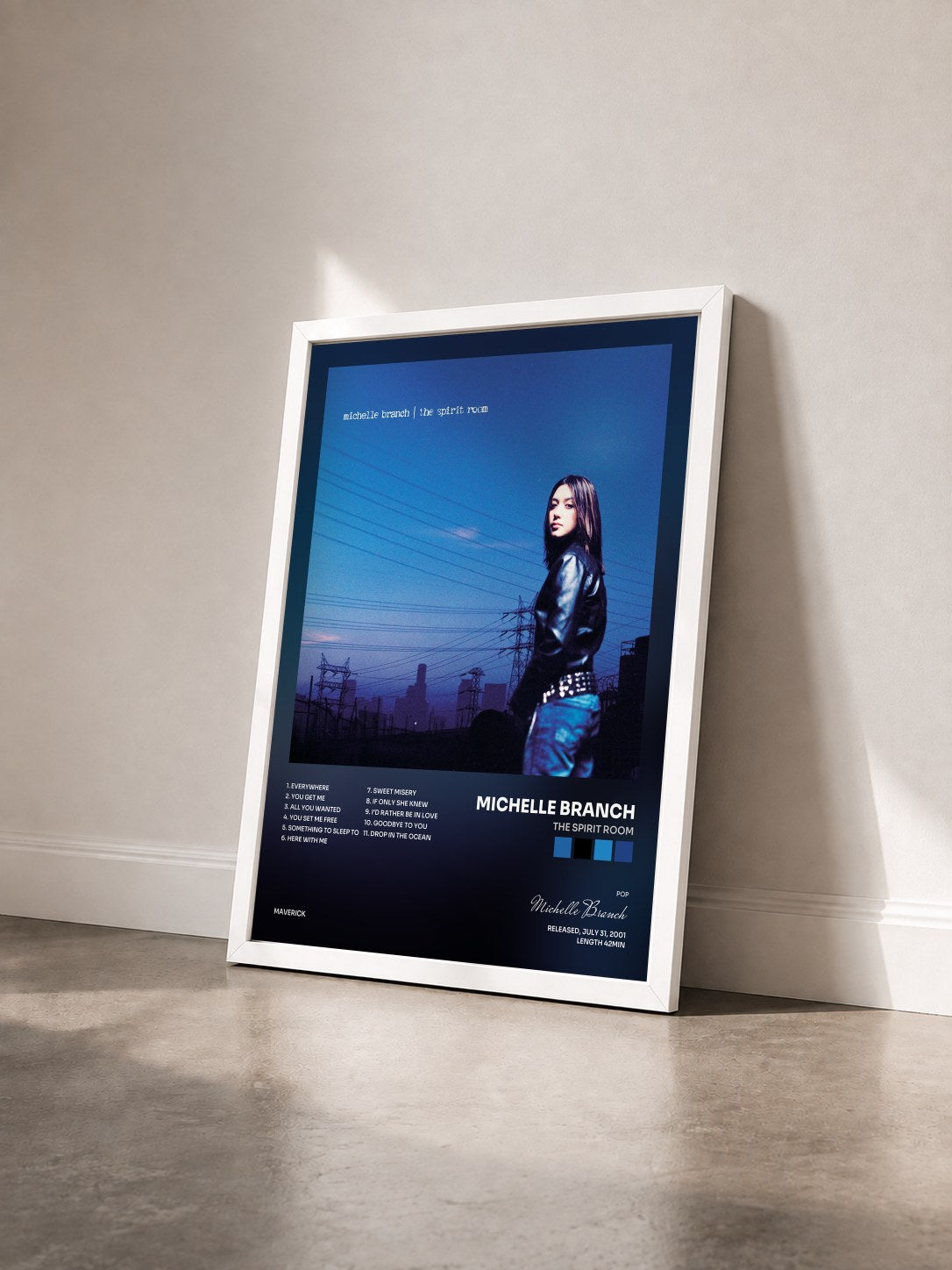 #blanc Tableau de l'album The Spirit Room de Michelle Branch vu de trois quarts, cadre blanc