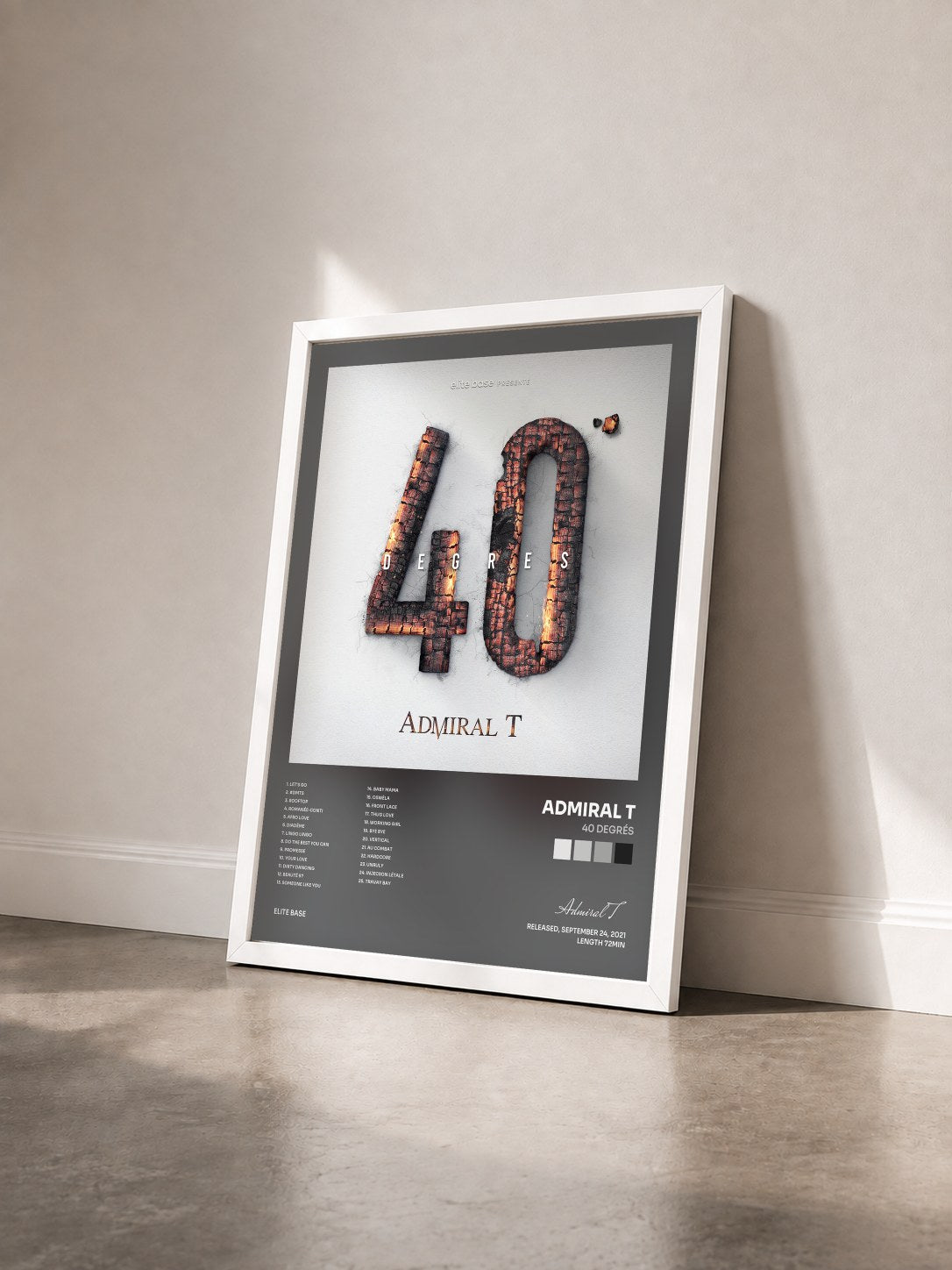 #blanc Tableau de l'album 40 Degrés de Admiral T vu de trois quarts, cadre blanc