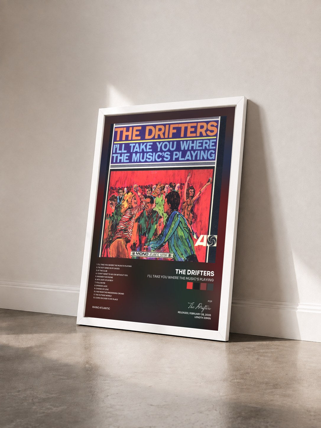 #blanc Tableau de l'album I'll Take You Where the Music's Playing de The Drifters vu de trois quarts, cadre blanc