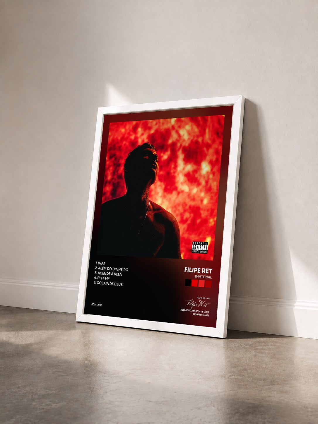 #blanc Tableau de l'album Imaterial de Filipe Ret vu de trois quarts, cadre blanc