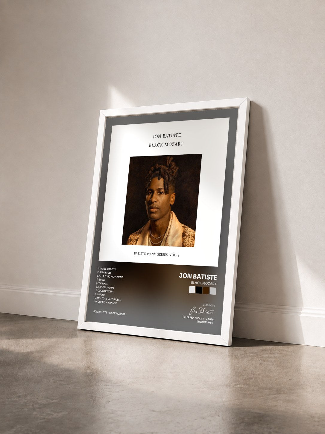 #blanc Tableau de l'album Black Mozart de Jon Batiste vu de trois quarts, cadre blanc