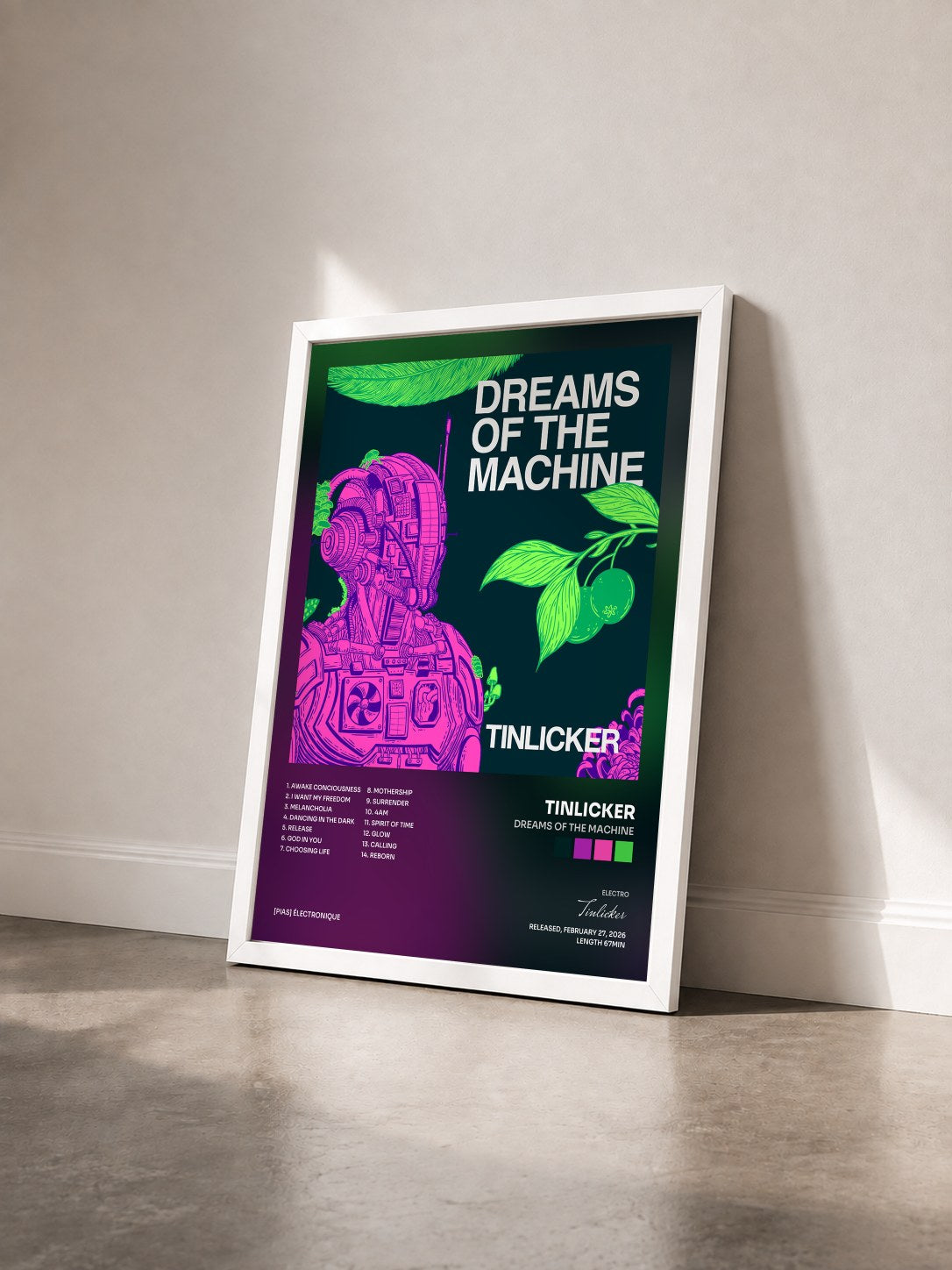 #blanc Tableau de l'album Dreams Of The Machine de Tinlicker vu de trois quarts, cadre blanc