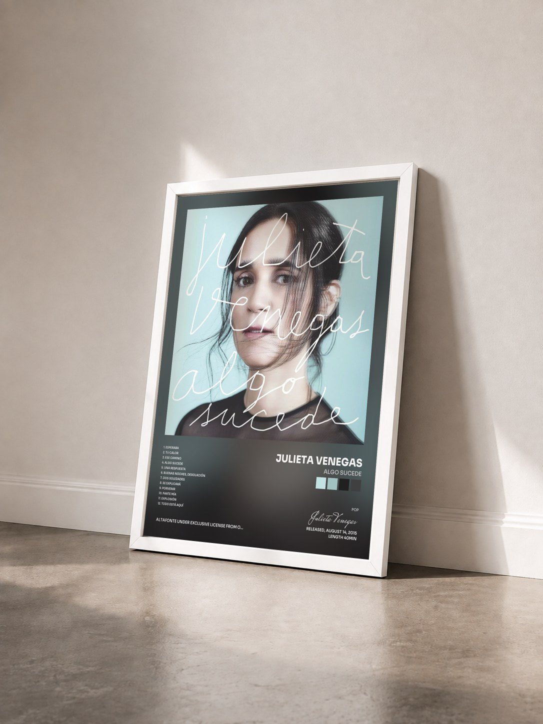 #blanc Tableau de l'album Algo Sucede de Julieta Venegas vu de trois quarts, cadre blanc