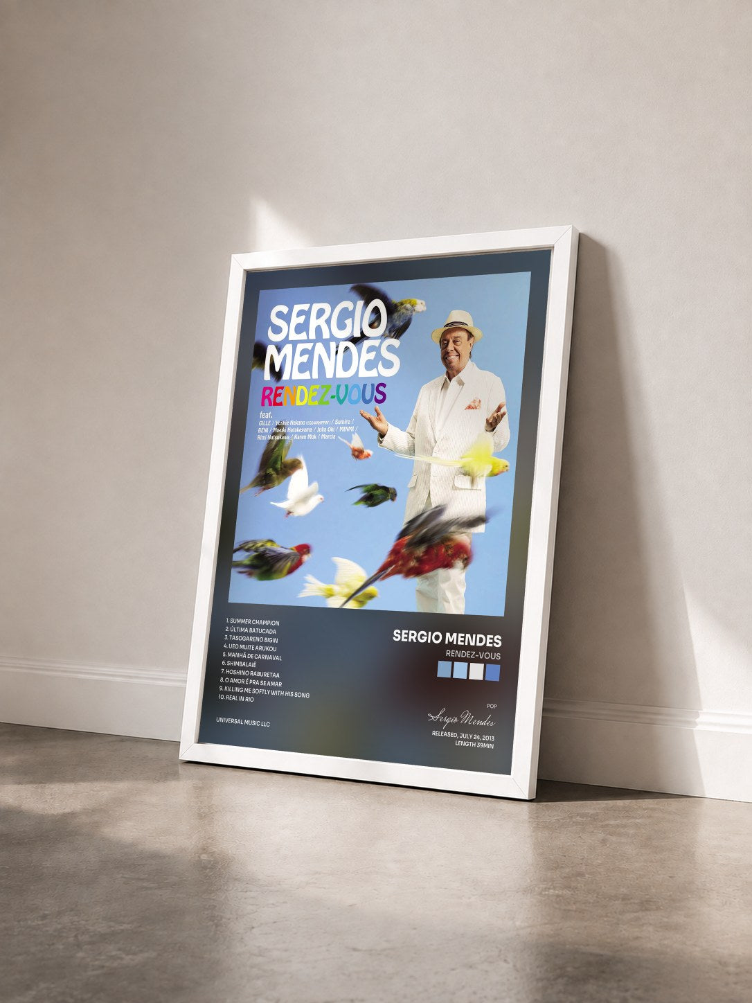 #blanc Tableau de l'album Rendez-Vous de Sergio Mendes vu de trois quarts, cadre blanc