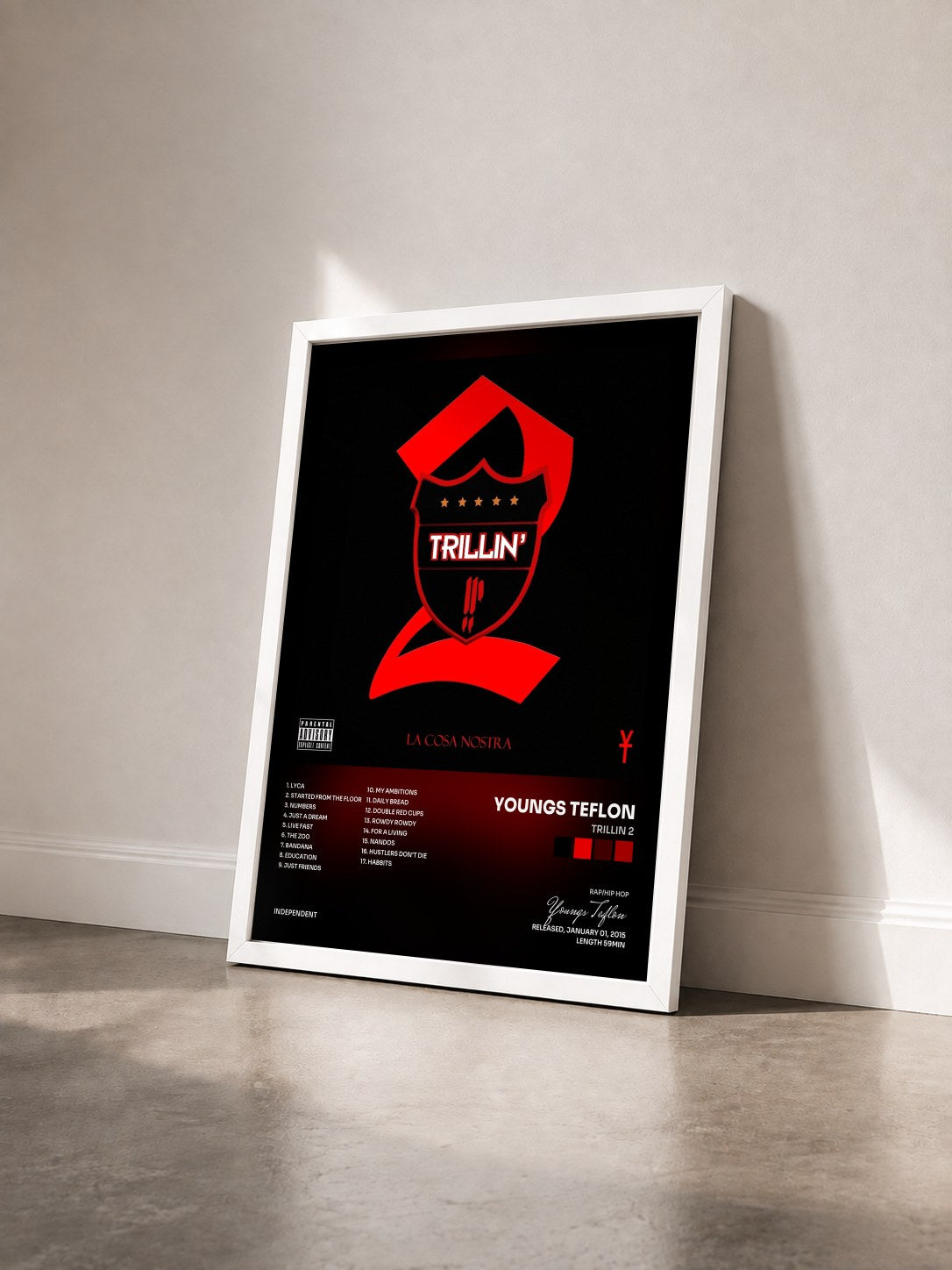 #blanc Tableau de l'album Trillin 2 de Youngs Teflon vu de trois quarts, cadre blanc