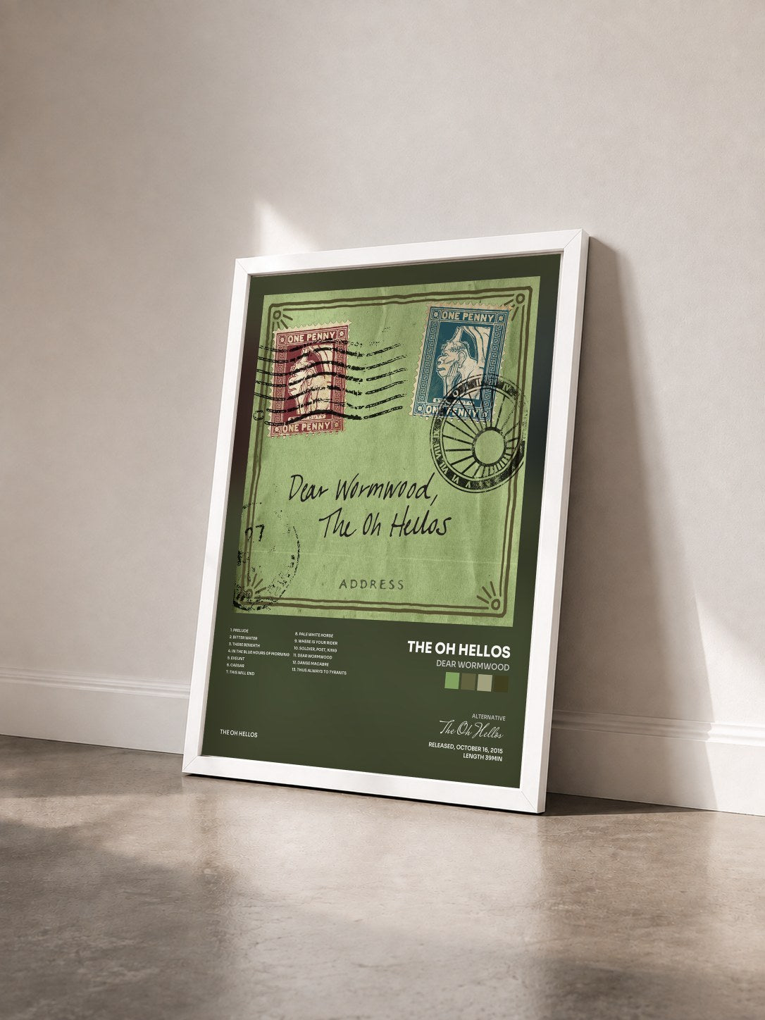 #blanc Tableau de l'album Dear Wormwood de The Oh Hellos vu de trois quarts, cadre blanc