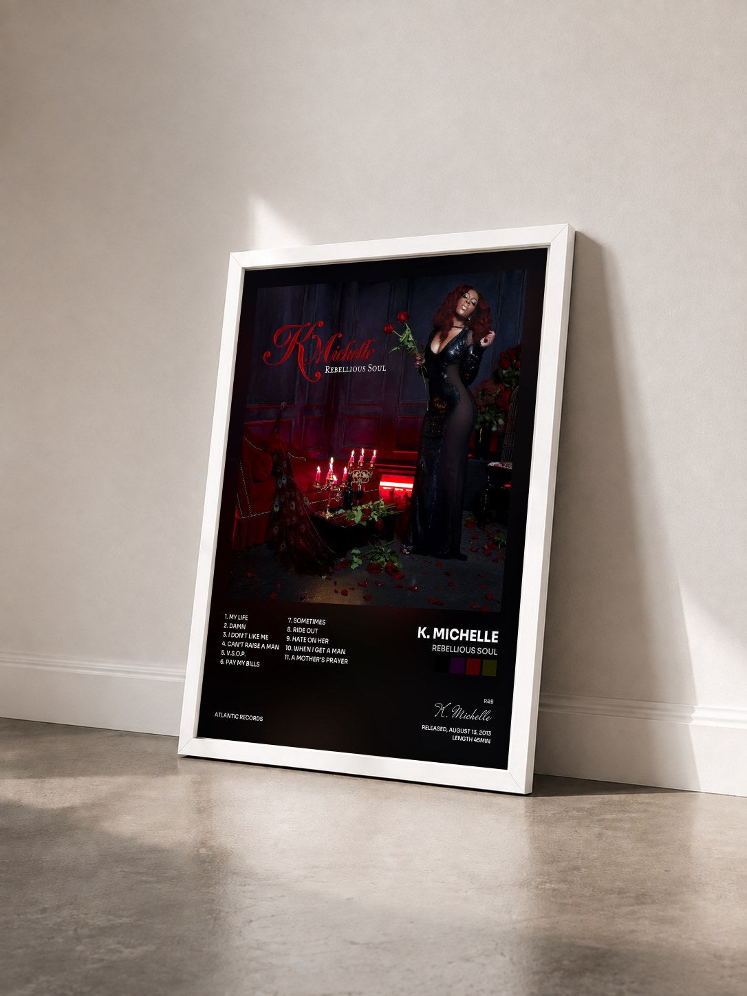 #blanc Tableau de l'album Rebellious Soul de K. Michelle vu de trois quarts, cadre blanc