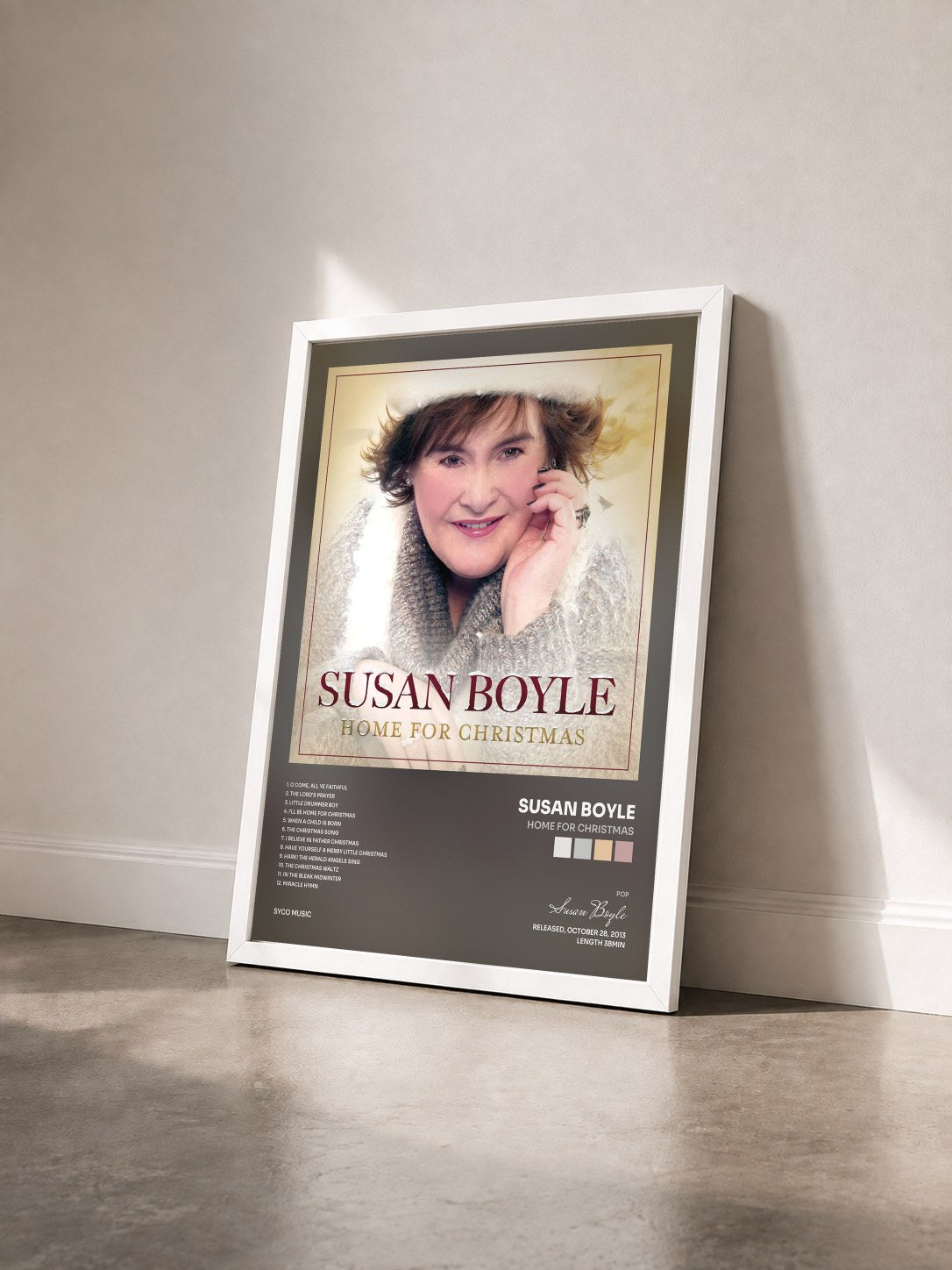 #blanc Tableau de l'album Home for Christmas de Susan Boyle vu de trois quarts, cadre blanc
