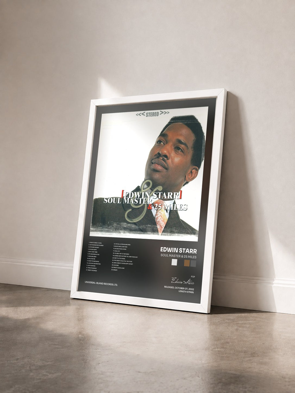 #blanc Tableau de l'album Soul Master & 25 Miles de Edwin Starr vu de trois quarts, cadre blanc