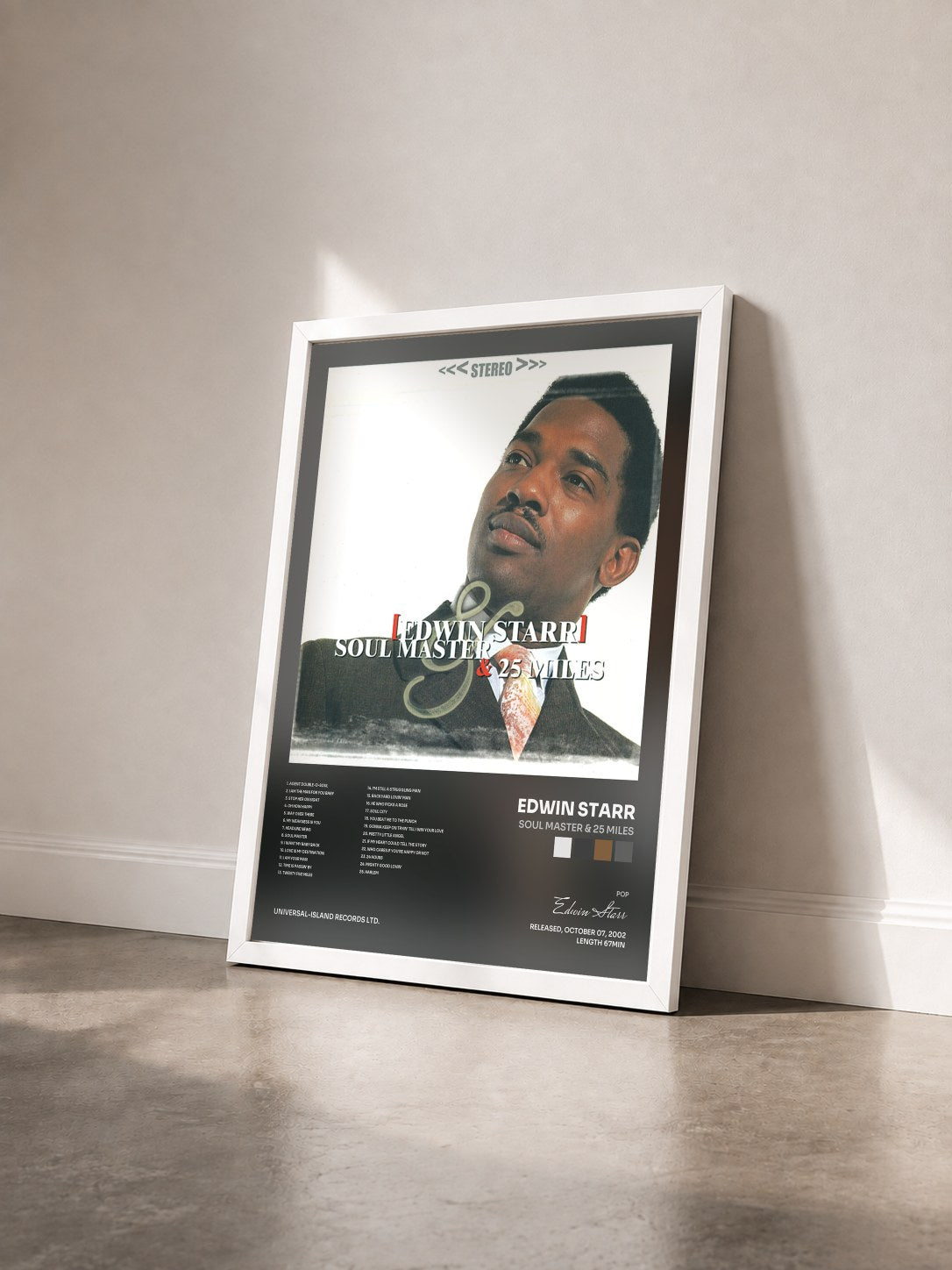 #blanc Tableau de l'album Soul Master & 25 Miles de Edwin Starr vu de trois quarts, cadre blanc