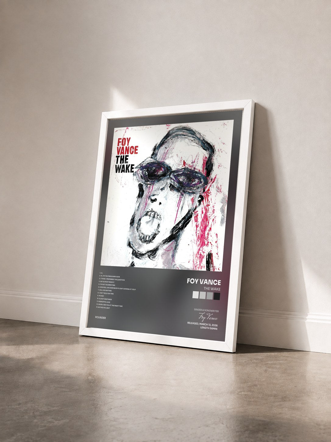 #blanc Tableau de l'album The Wake de Foy Vance vu de trois quarts, cadre blanc