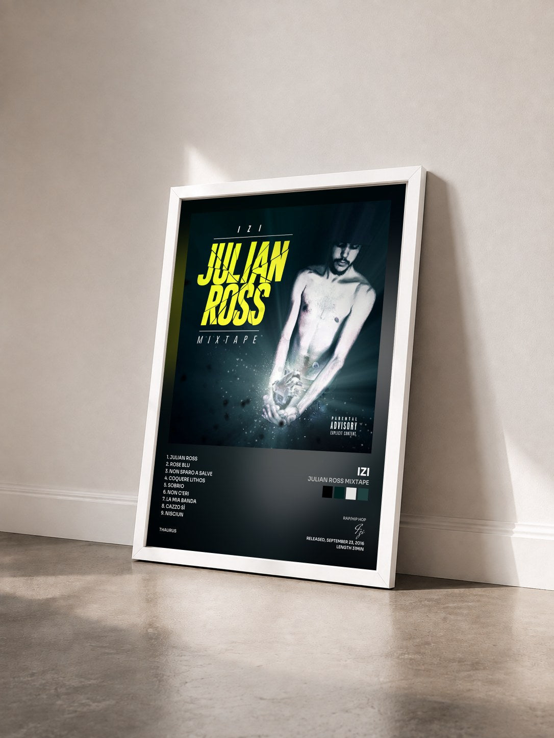 #blanc Tableau de l'album Julian Ross Mixtape de Izi vu de trois quarts, cadre blanc