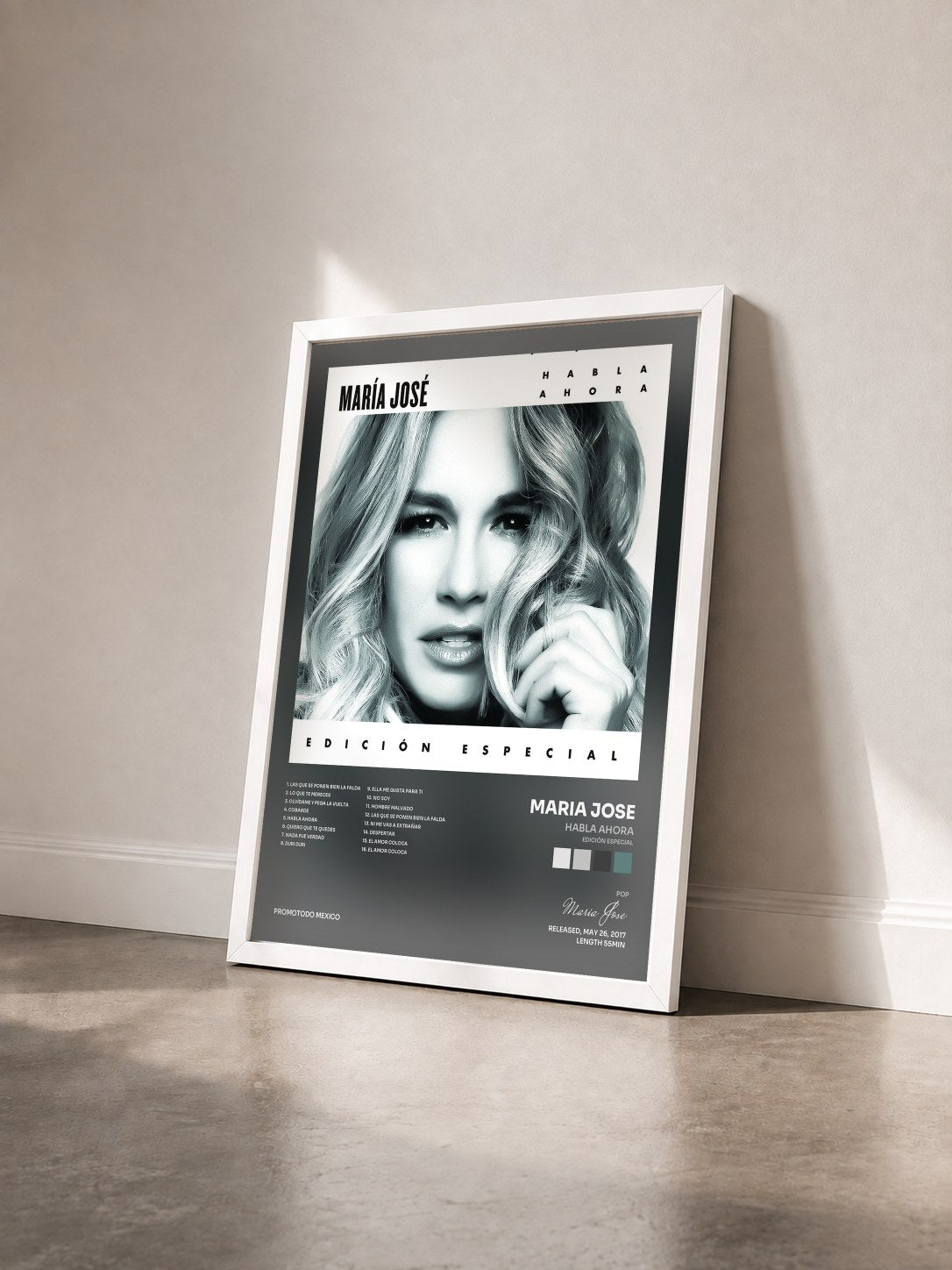 #blanc Tableau de l'album Habla Ahora (Edición Especial) de Maria Jose vu de trois quarts, cadre blanc